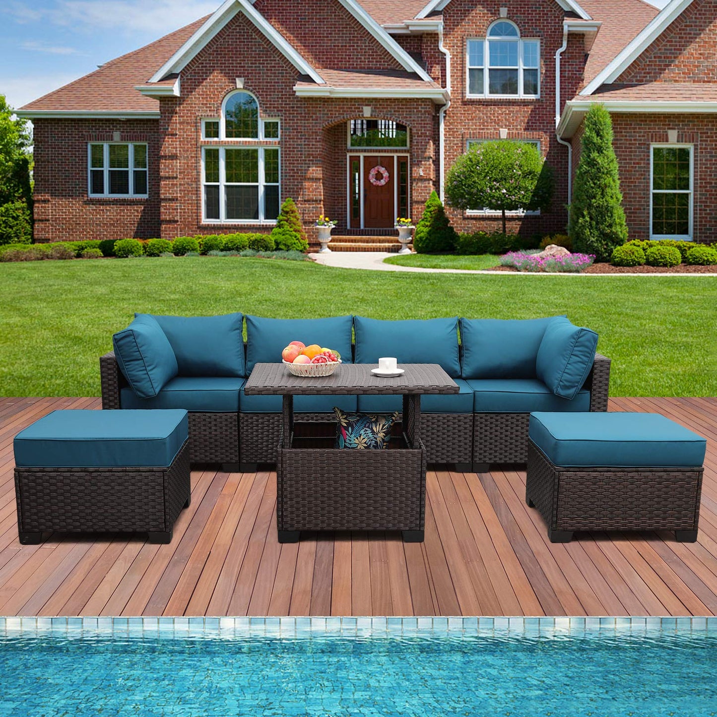 Outdoor Patio Dark Brown Rattan 7 Piece Sectional Set PE Wicker Conversation Sofa with Liftable Storage Table Non-Slip 5" Thick Royal Blue Cushion and Furniture Cover