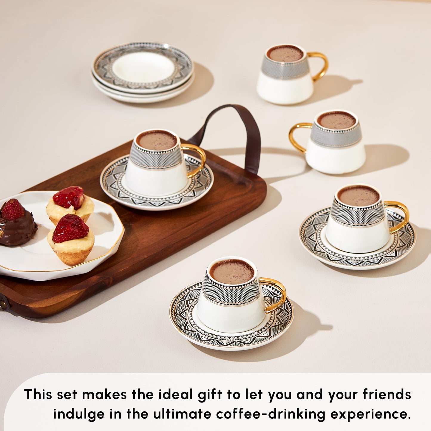 KARACA Globe Turkish Coffee Cup Set of 6, 80ml, 2.7 oz, Small Espresso Cups with Saucers, Porcelain, Black Patterns and Gold Handles, Ideal for Serving Coffee, Espresso, and Cappuccino