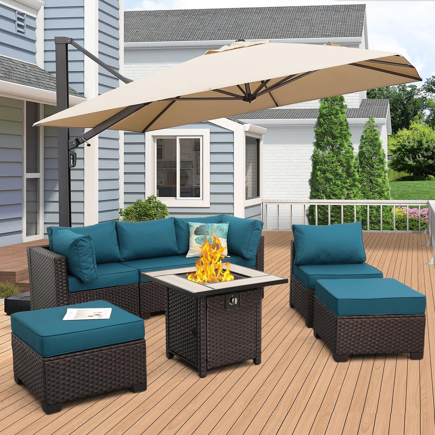 Outdoor Patio Dark Brown Rattan 7 Piece Sectional Set PE Wicker Conversation Sofa with Liftable Storage Table Non-Slip 5" Thick Royal Blue Cushion and Furniture Cover