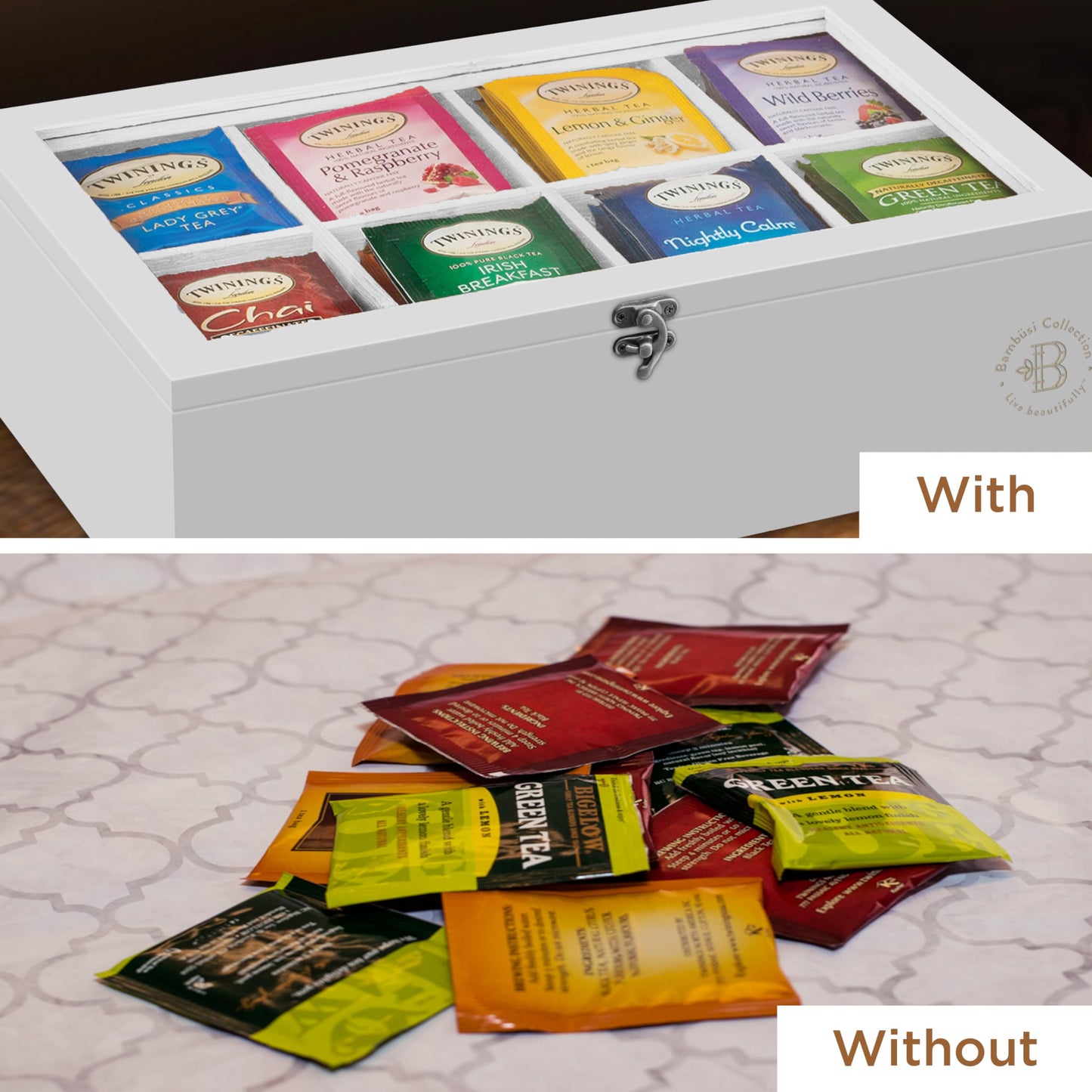Bamboo Tea Bag Organizer Storage Box with Drawer & Acrylic Window - Magnetic Lid Keeps Contents Fresh - Ideal Mothers Day Gifts for Mom - Gift Caddy (Tea Not Included)