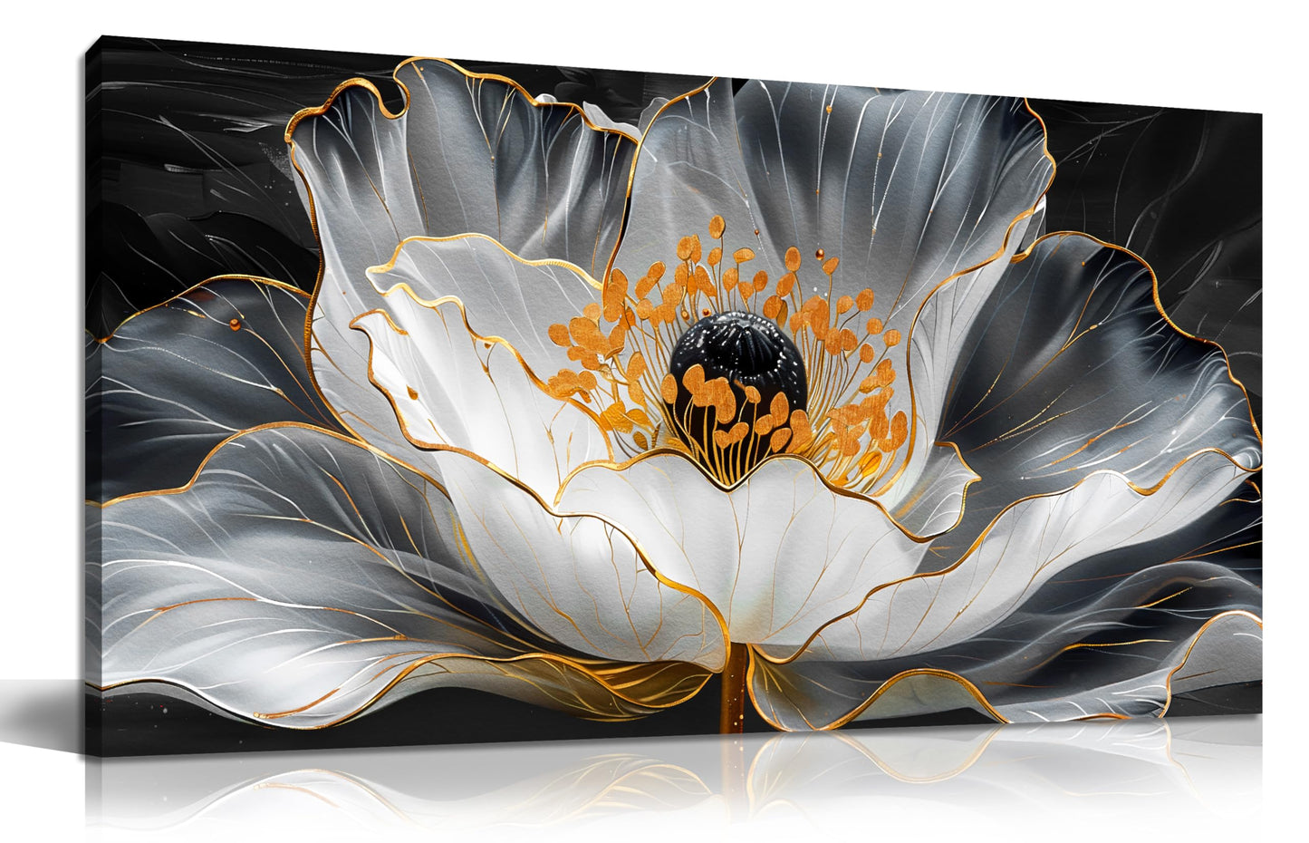 Gold Wall Art White Wall Pictures Beautiful Flower Wall Decorations for Living Room Black Artwork 24"x48" Art for Home Office
