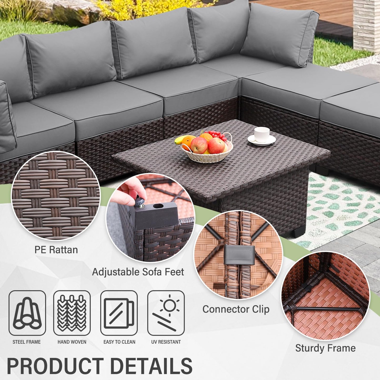 Outdoor Patio Dark Brown Rattan 7 Piece Sectional Set PE Wicker Conversation Sofa with Liftable Storage Table Non-Slip 5" Thick Royal Blue Cushion and Furniture Cover