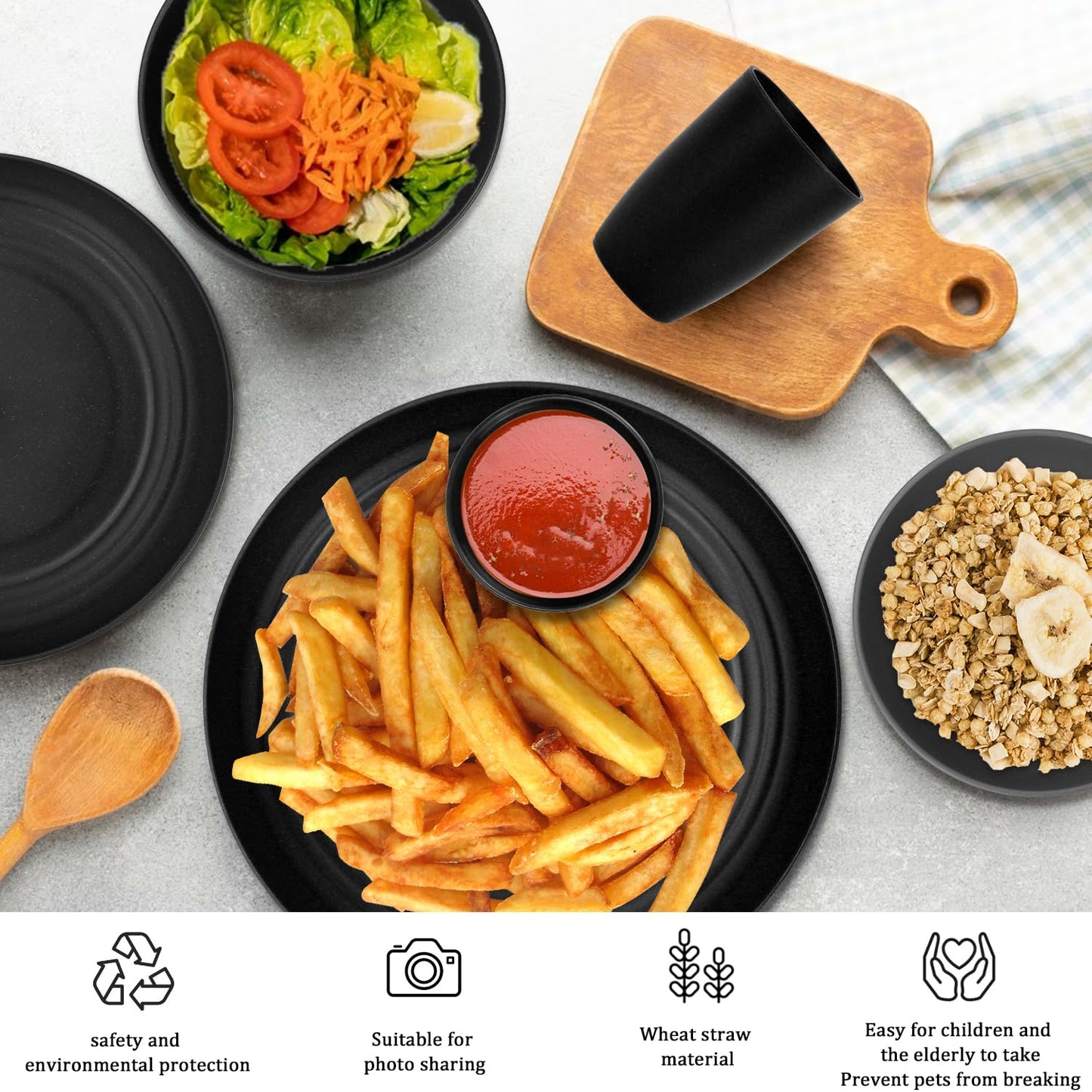 28 Piece Wheat Straw Dinnerware Sets,Dishwasher & Microwave Safe Plates and Bowls Sets - Unbreakable Plastic Dinnerware Sets for 4 Dinner Plates, Cups, Cereal Bowls - Colorful Series