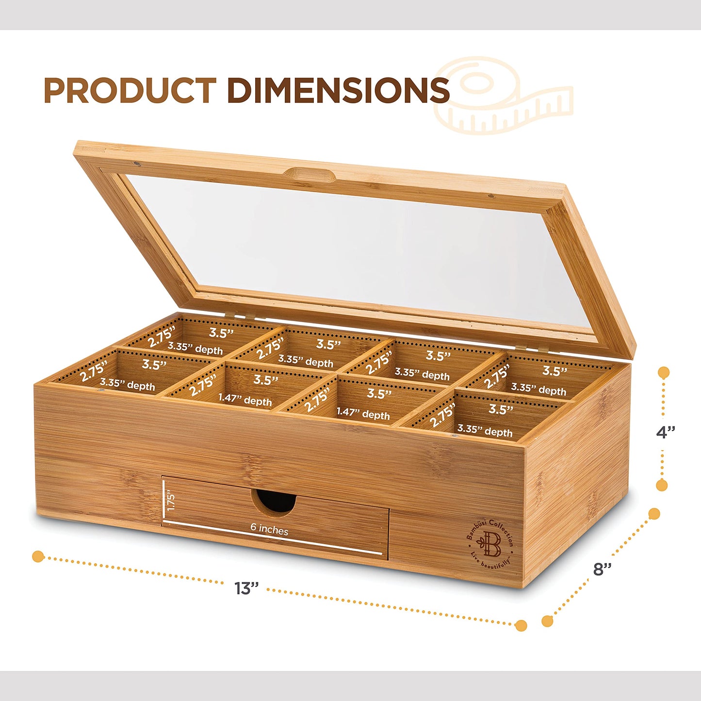 Bamboo Tea Bag Organizer Storage Box with Drawer & Acrylic Window - Magnetic Lid Keeps Contents Fresh - Ideal Mothers Day Gifts for Mom - Gift Caddy (Tea Not Included)