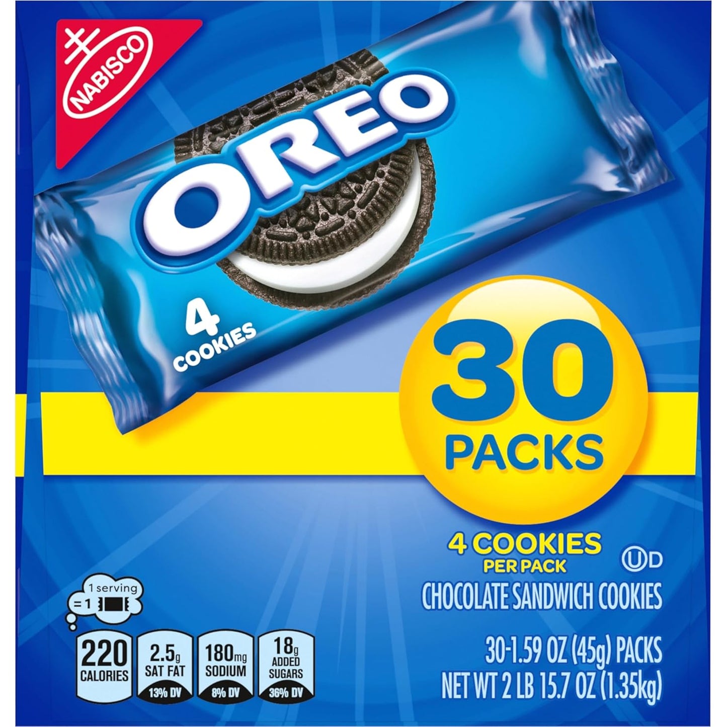 OREO Chocolate Sandwich Cookies, 30 Snackpackungen (4 Kekse pro Packung)