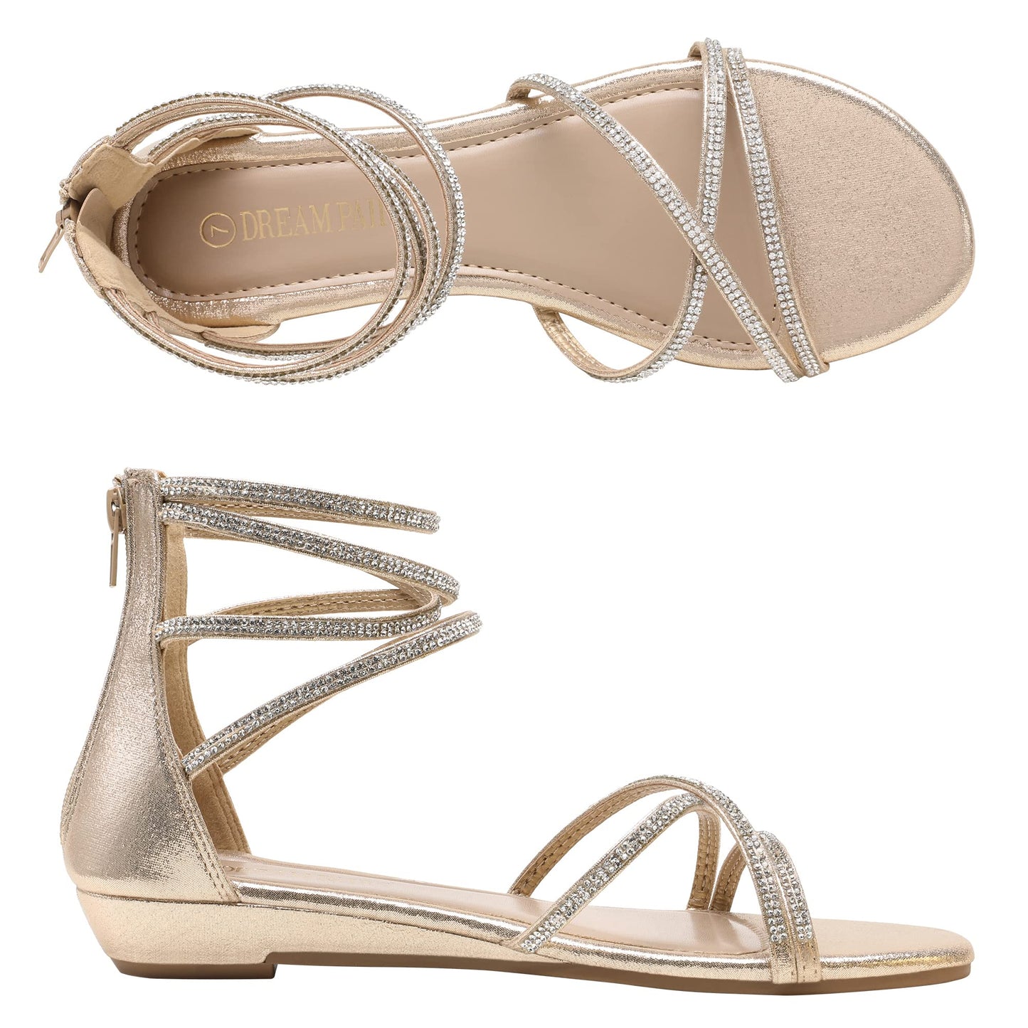 DREAM PAIRS Sandales plates à bride à la cheville pour femmes Sandales d'été habillées à lanières et strass pour gladiateur