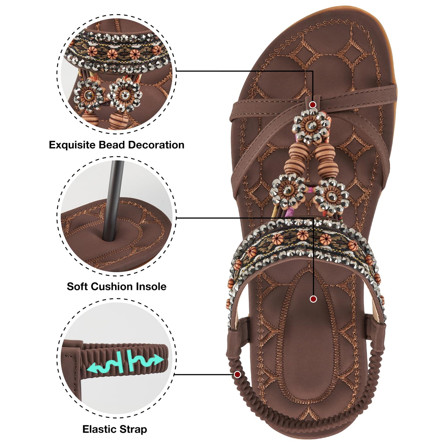 Elegante Damensandalen für den Sommer: Flache Schuhe, bequeme Bohemian-Sandalen mit elastischem Knöchelriemen, Strandsandalen für Damen