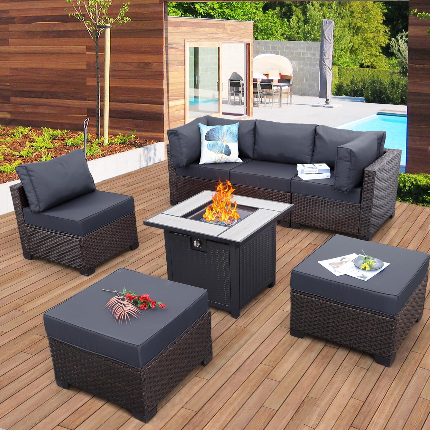 Outdoor Patio Dark Brown Rattan 7 Piece Sectional Set PE Wicker Conversation Sofa with Liftable Storage Table Non-Slip 5" Thick Royal Blue Cushion and Furniture Cover