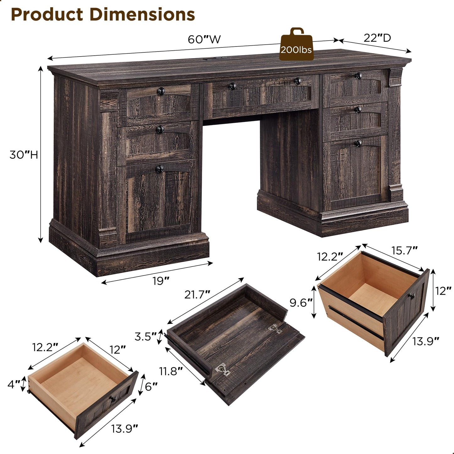 OKD 60-Zoll-Chefschreibtisch mit Schubladen, Home-Office-Schreibtisch im Landhausstil mit Ladestation, Tastaturablage, Aktenschrank-Aufbewahrung, Holz-Computertisch für Arbeit und Studium, Antikweiß