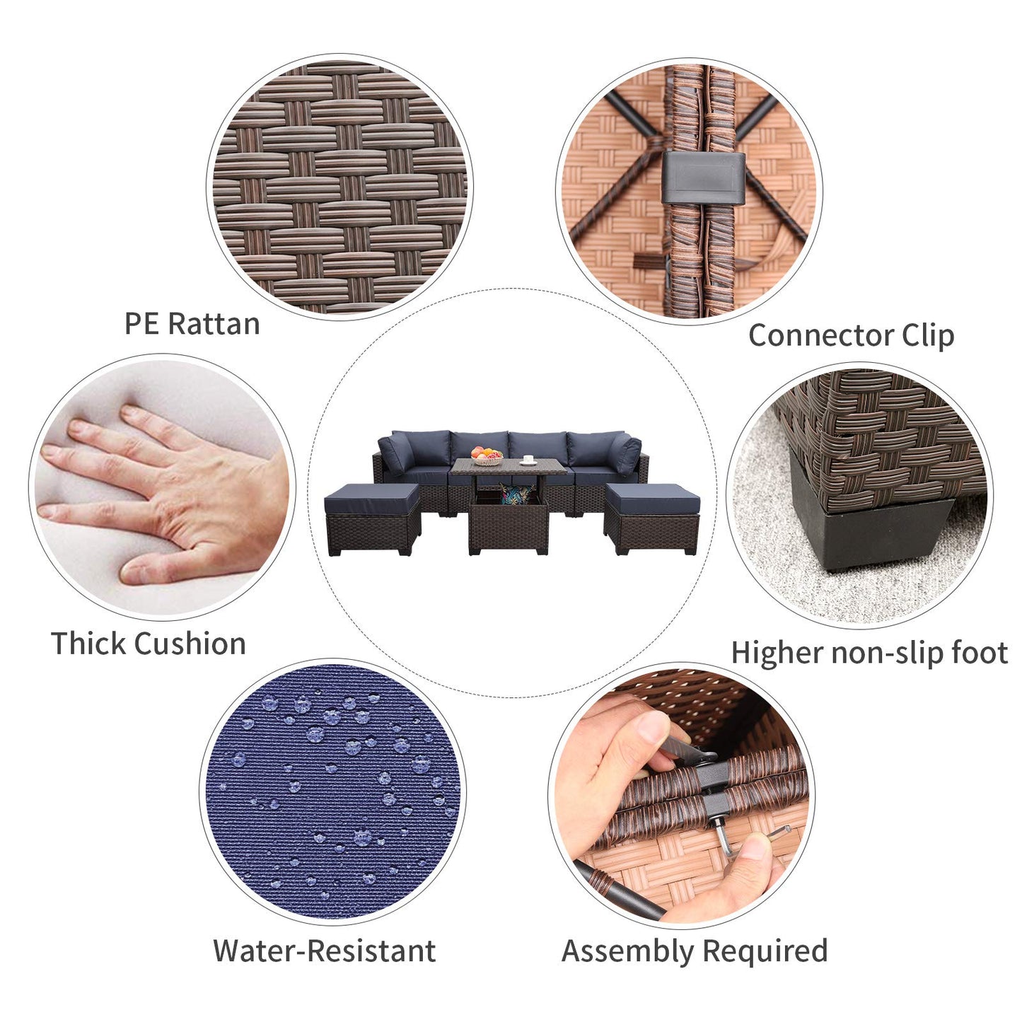 Outdoor Patio Dark Brown Rattan 7 Piece Sectional Set PE Wicker Conversation Sofa with Liftable Storage Table Non-Slip 5" Thick Royal Blue Cushion and Furniture Cover