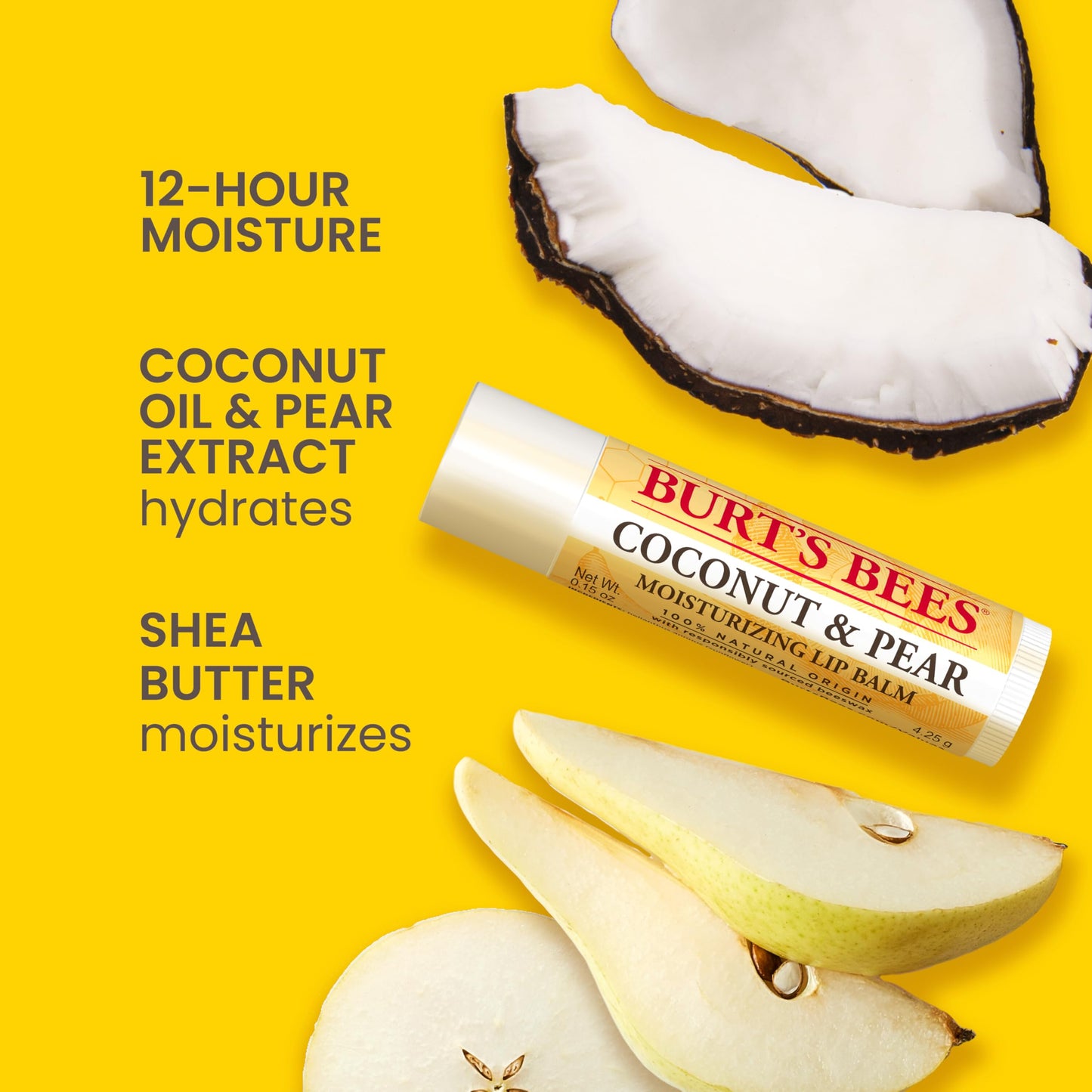 Lip Balm - Beeswax, Strawberry, Coconut and Pear, and Vanilla Bean, With Responsibly Sourced Beeswax, Tint-Free, Natural Origin Lip Treatment, 4 Tubes, 0.15 oz.