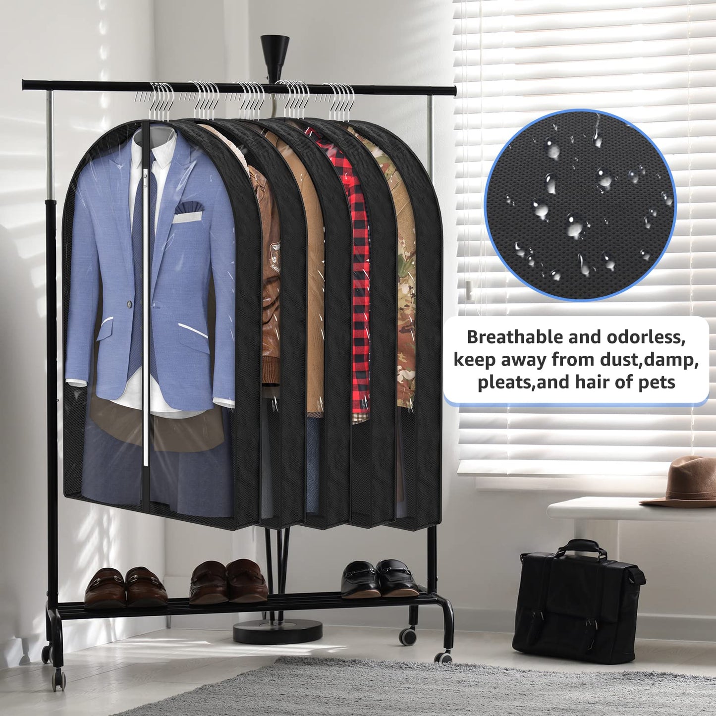 Sacs à vêtements transparents de 50 po pour suspendre des vêtements dans un placard avec soufflets de 4 po, sac de protection pour costumes pour robes, manteaux longs, vestes, pulls, chemises, 3 paquets, noir