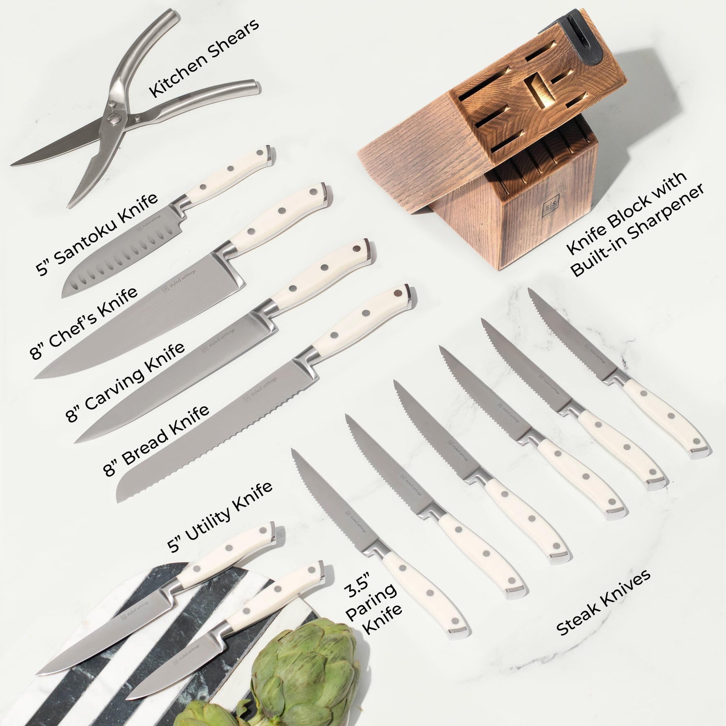 Kupfermesserset mit Block – 14-teiliges selbstschärfendes Messerblockset – Roségoldenes Messerset und schwarzer Messerblock mit Schärfer – Küchenzubehör und Dekor aus Kupfer