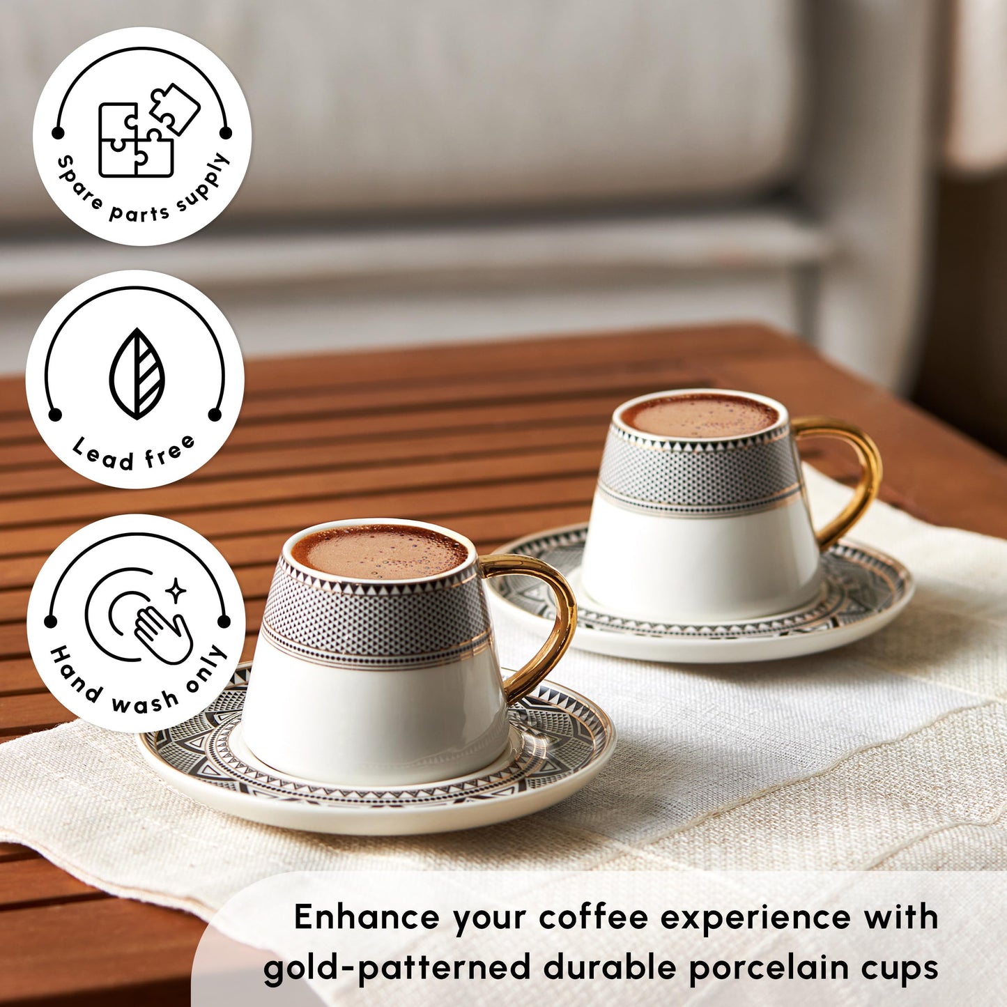 KARACA Globe Turkish Coffee Cup Set of 6, 80ml, 2.7 oz, Small Espresso Cups with Saucers, Porcelain, Black Patterns and Gold Handles, Ideal for Serving Coffee, Espresso, and Cappuccino