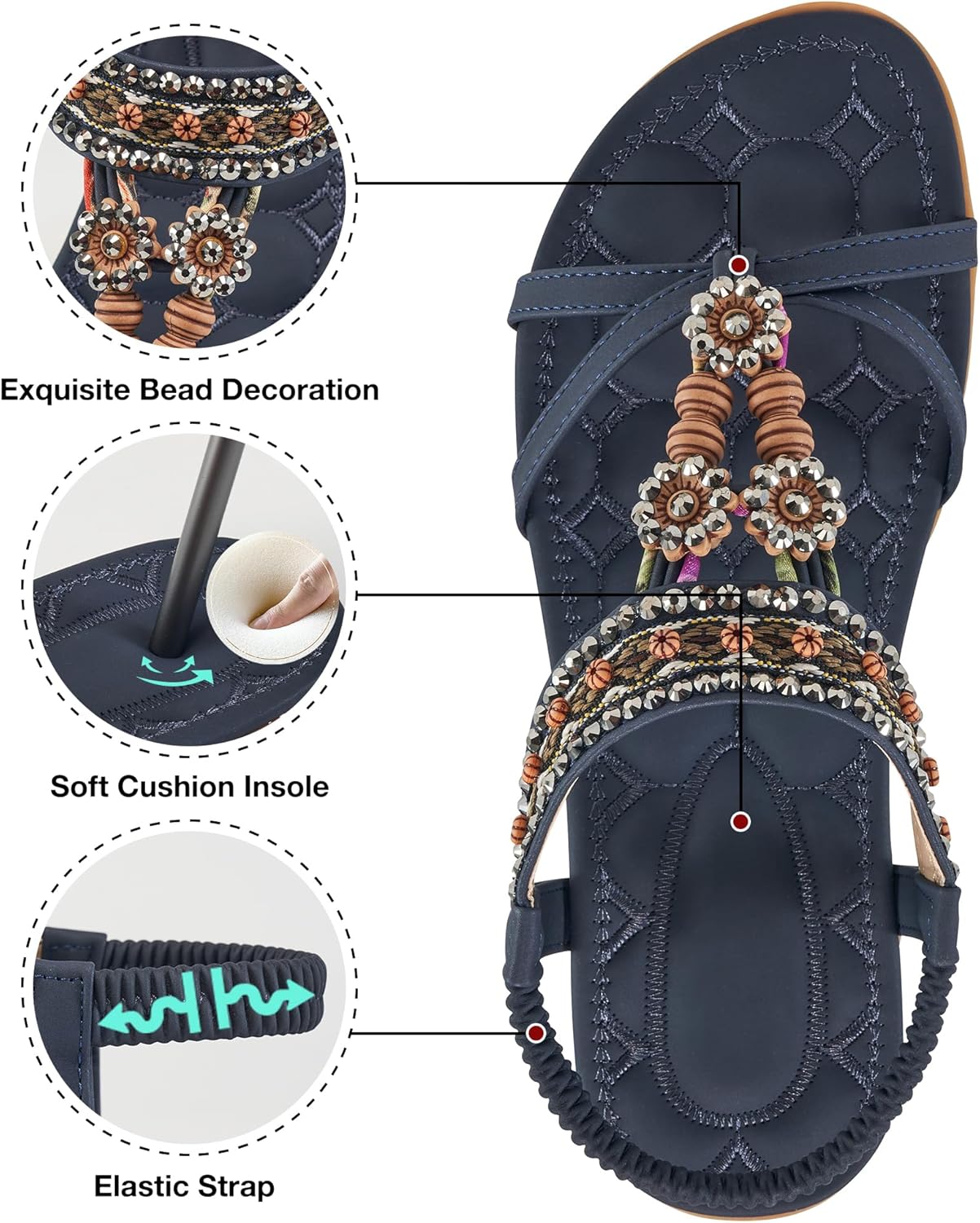 Elegante Damensandalen für den Sommer: Flache Schuhe, bequeme Bohemian-Sandalen mit elastischem Knöchelriemen, Strandsandalen für Damen