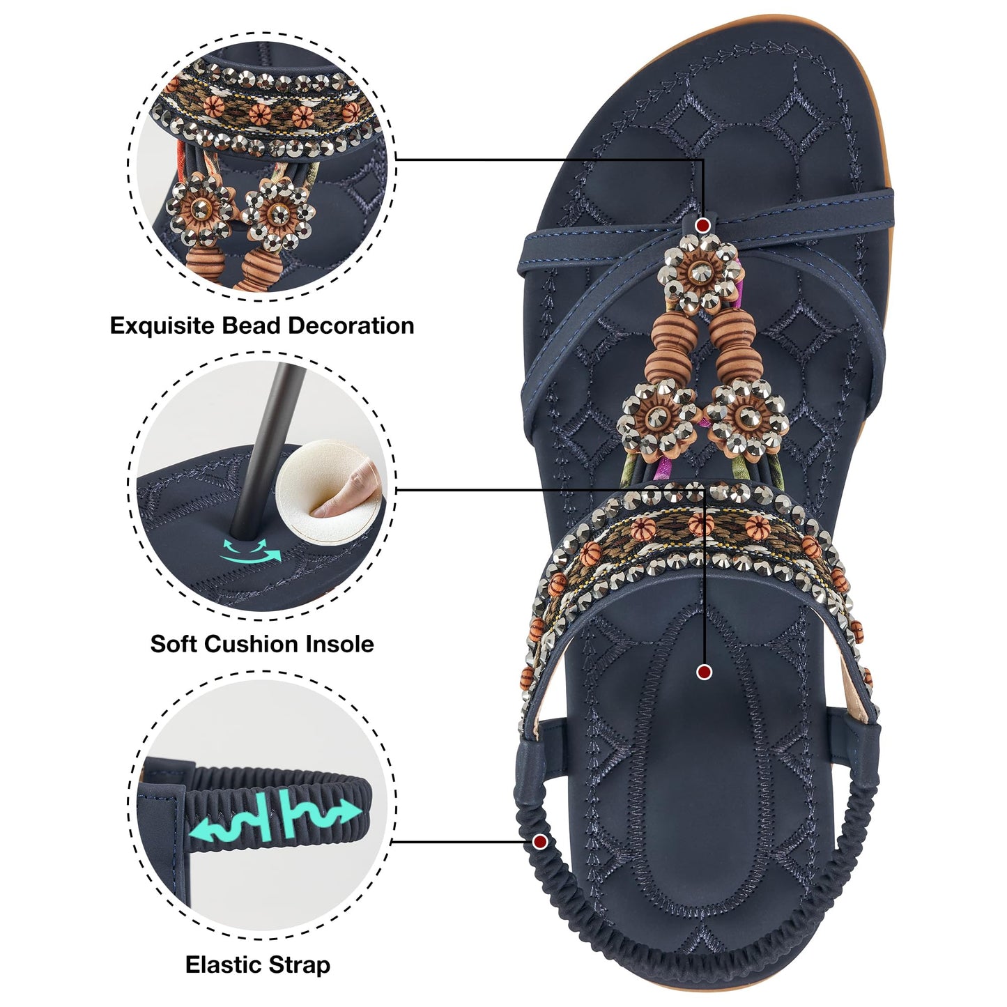 Elegante Damensandalen für den Sommer: Flache Schuhe, bequeme Bohemian-Sandalen mit elastischem Knöchelriemen, Strandsandalen für Damen