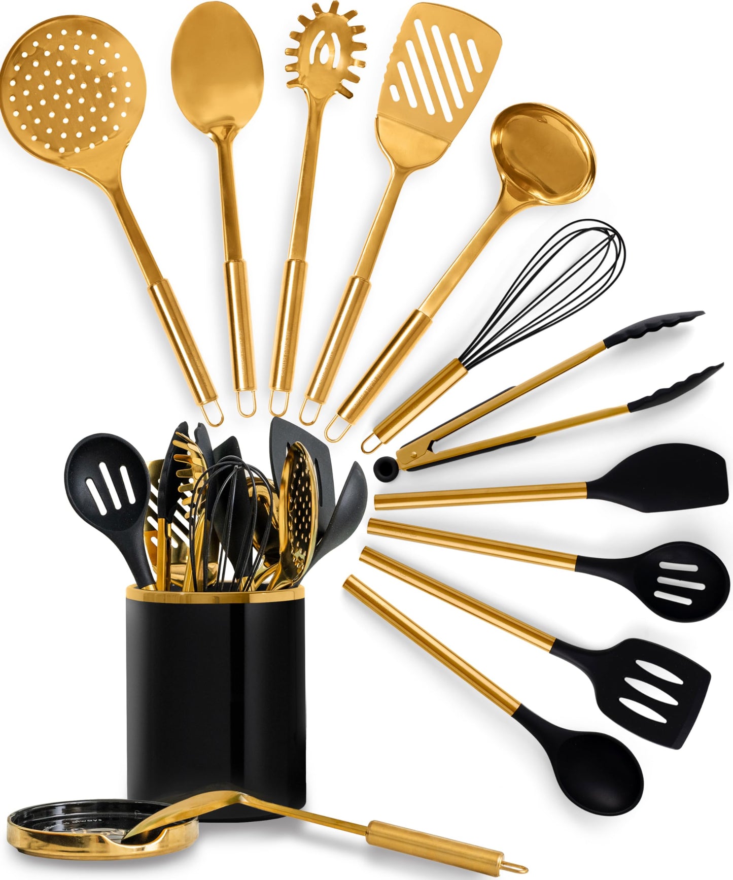 Ensemble d'ustensiles de cuisine en bois – Ensemble de 8 pièces comprenant des ustensiles de cuisine en bois et en or, un porte-ustensiles blanc et un repose-cuillère en bois – Ustensiles de cuisine durables et élégants pour cuisiner et servir