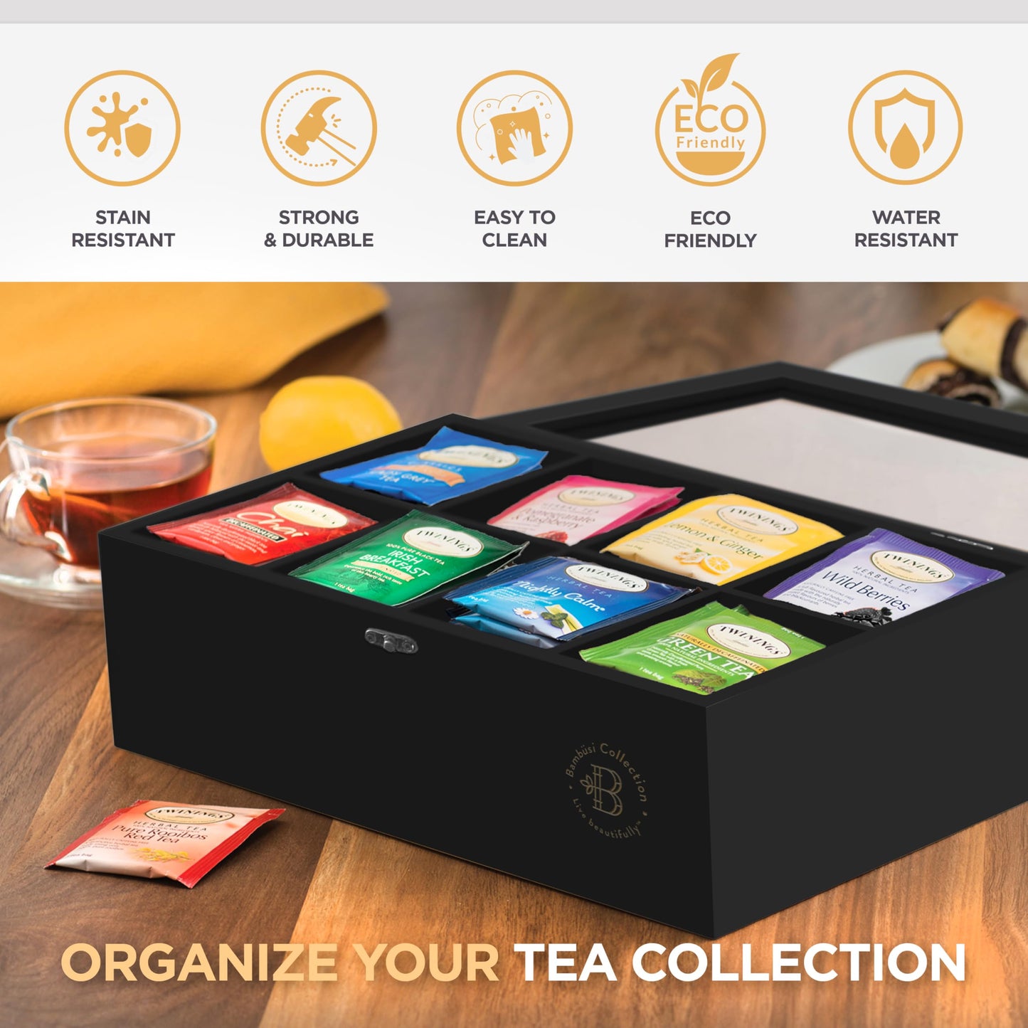 Bamboo Tea Bag Organizer Storage Box with Drawer & Acrylic Window - Magnetic Lid Keeps Contents Fresh - Ideal Mothers Day Gifts for Mom - Gift Caddy (Tea Not Included)