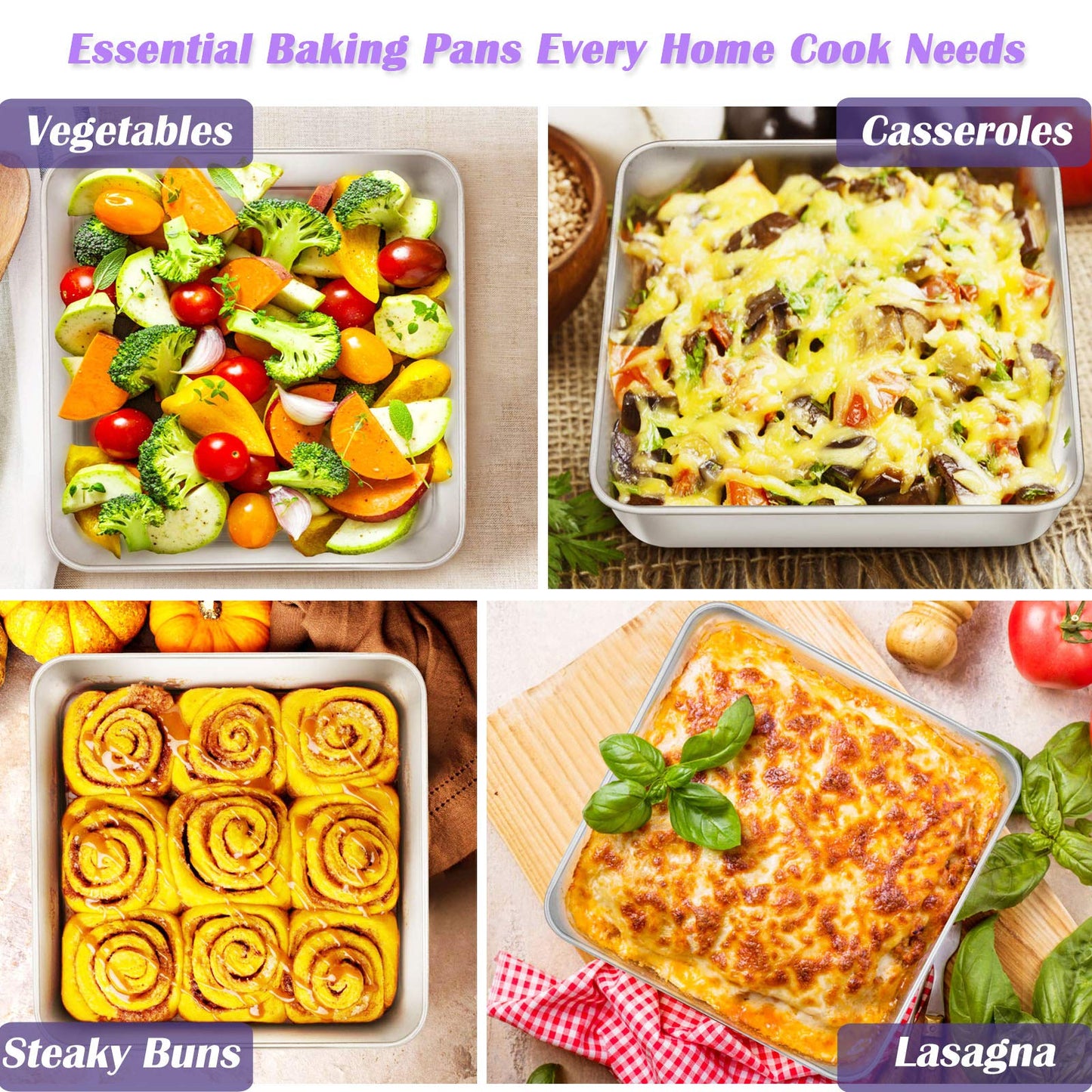 E-far Stainless Steel Baking Pan Set, 6-Piece Metal Bakeware Sets Include Cookie Sheet, Round Square Rectangle Cake Pans, Non-toxic & Dishwasher Safe