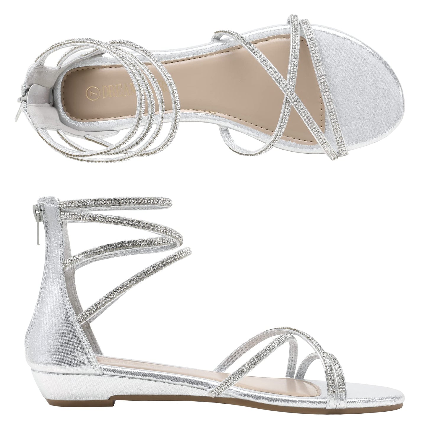 DREAM PAIRS Sandales plates à bride à la cheville pour femmes Sandales d'été habillées à lanières et strass pour gladiateur