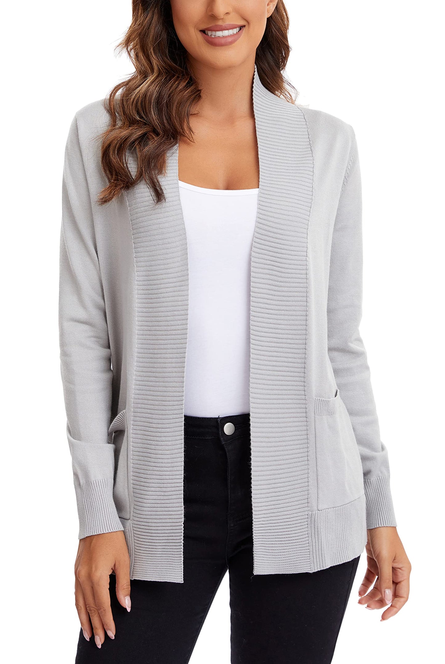 Urban CoCo Leichter Strickjacke für Damen mit offener Vorderseite, lange Ärmel, mit Tasche