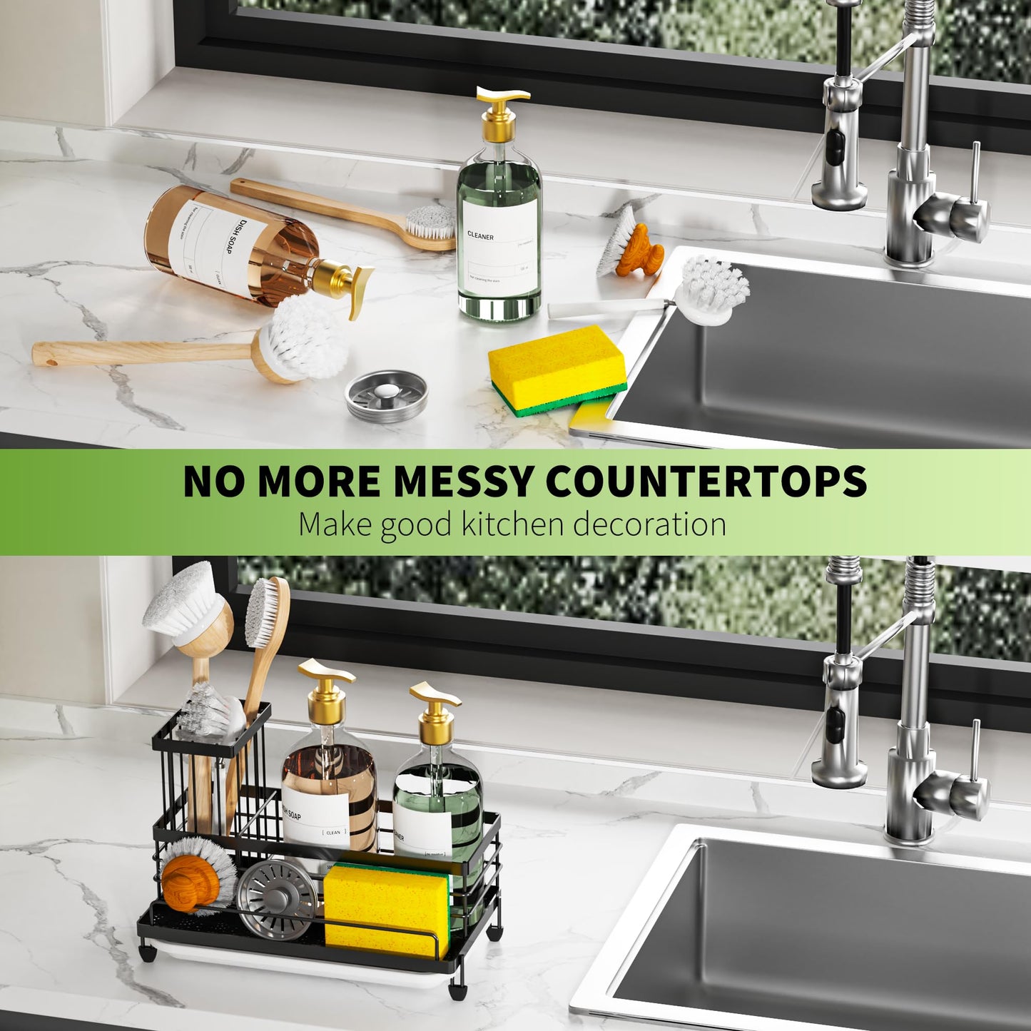 Cisily Kitchen Sink Caddy Organizer, Sponge Holder for Kitchen Sink Rustproof 304 Stainless Steel, Non-Slip Soap Dish Dispenser Brush Holder Storage, Home & Kitchen Essentials Accessories
