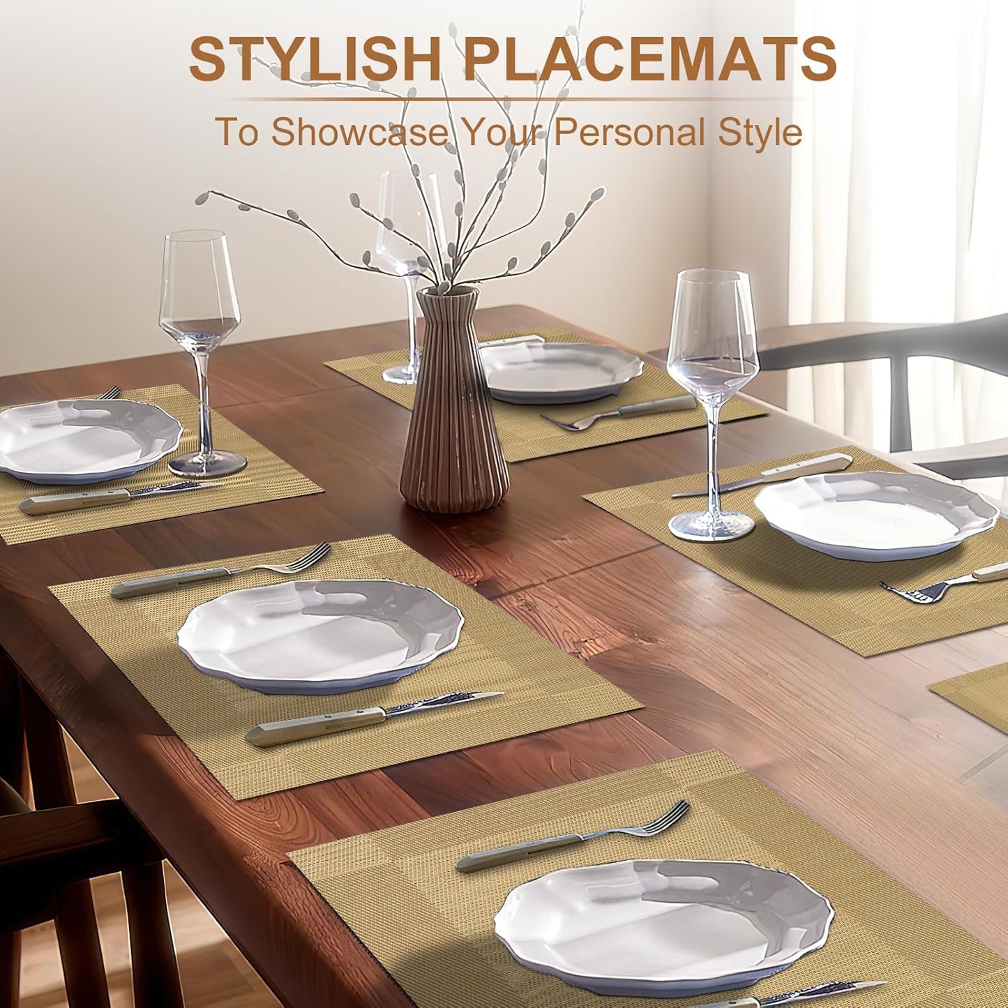 Tischsets 6er-Set, gewebtes Vinyl-Tischset für Esstisch, waschbar, abwischbar, Küchentischsets, strapazierfähige Tischsets für drinnen und draußen, 01 Beige, 6 Stück
