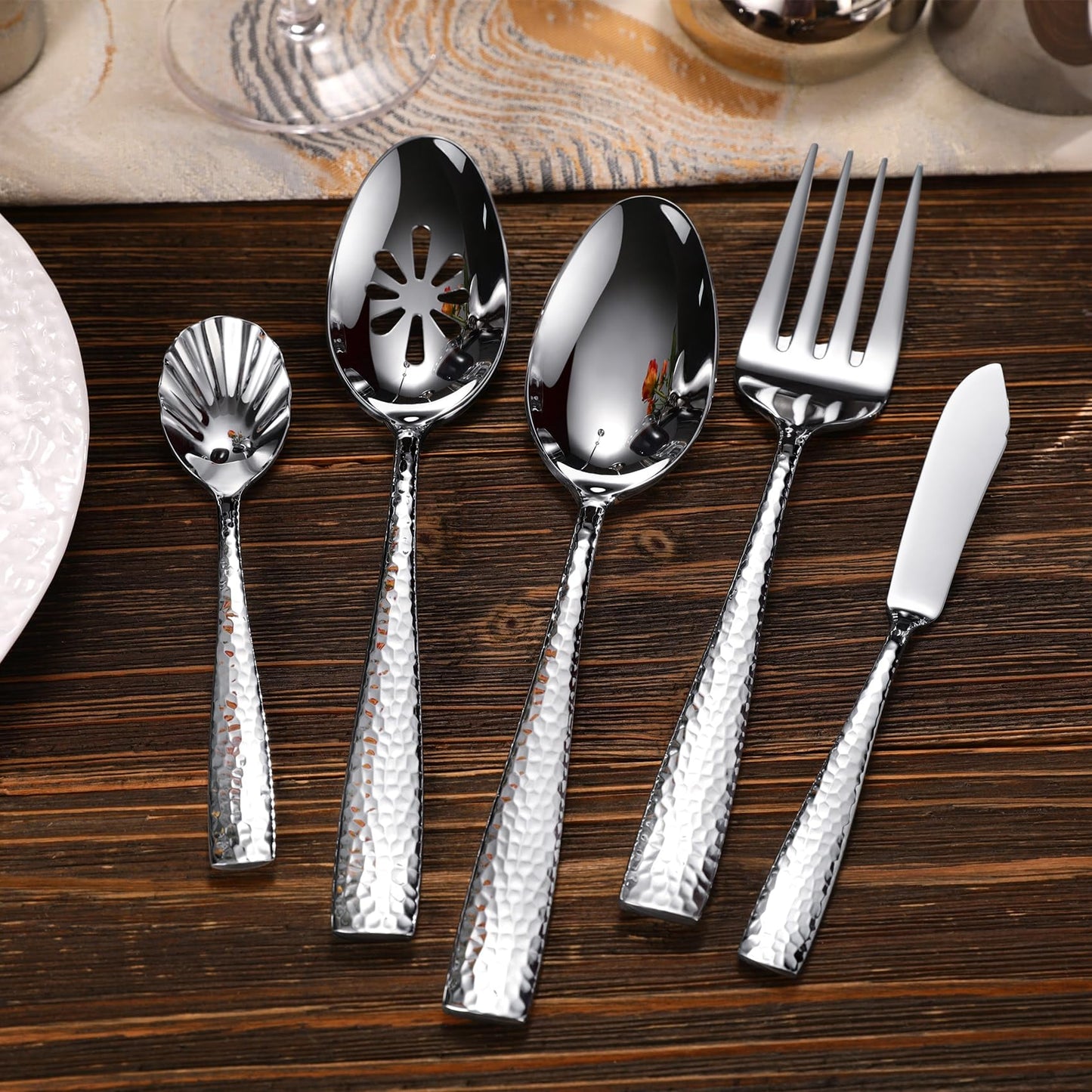 KEAWELL Premium 20/45/65-teiliges Louis-Silberbesteck-Set mit gehämmertem Rand und quadratischem Rand, 18/10 Edelstahl, Service für 4/8/12 Personen, feines Besteck-Set, spülmaschinenfest (45)