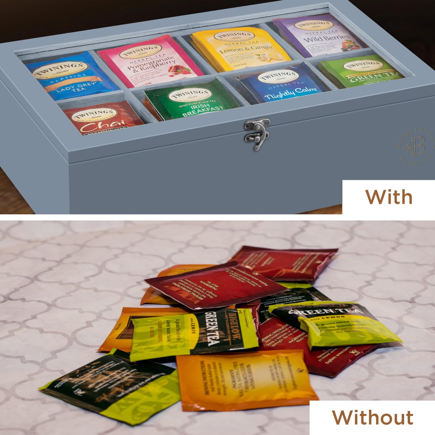 Bamboo Tea Bag Organizer Storage Box with Drawer & Acrylic Window - Magnetic Lid Keeps Contents Fresh - Ideal Mothers Day Gifts for Mom - Gift Caddy (Tea Not Included)