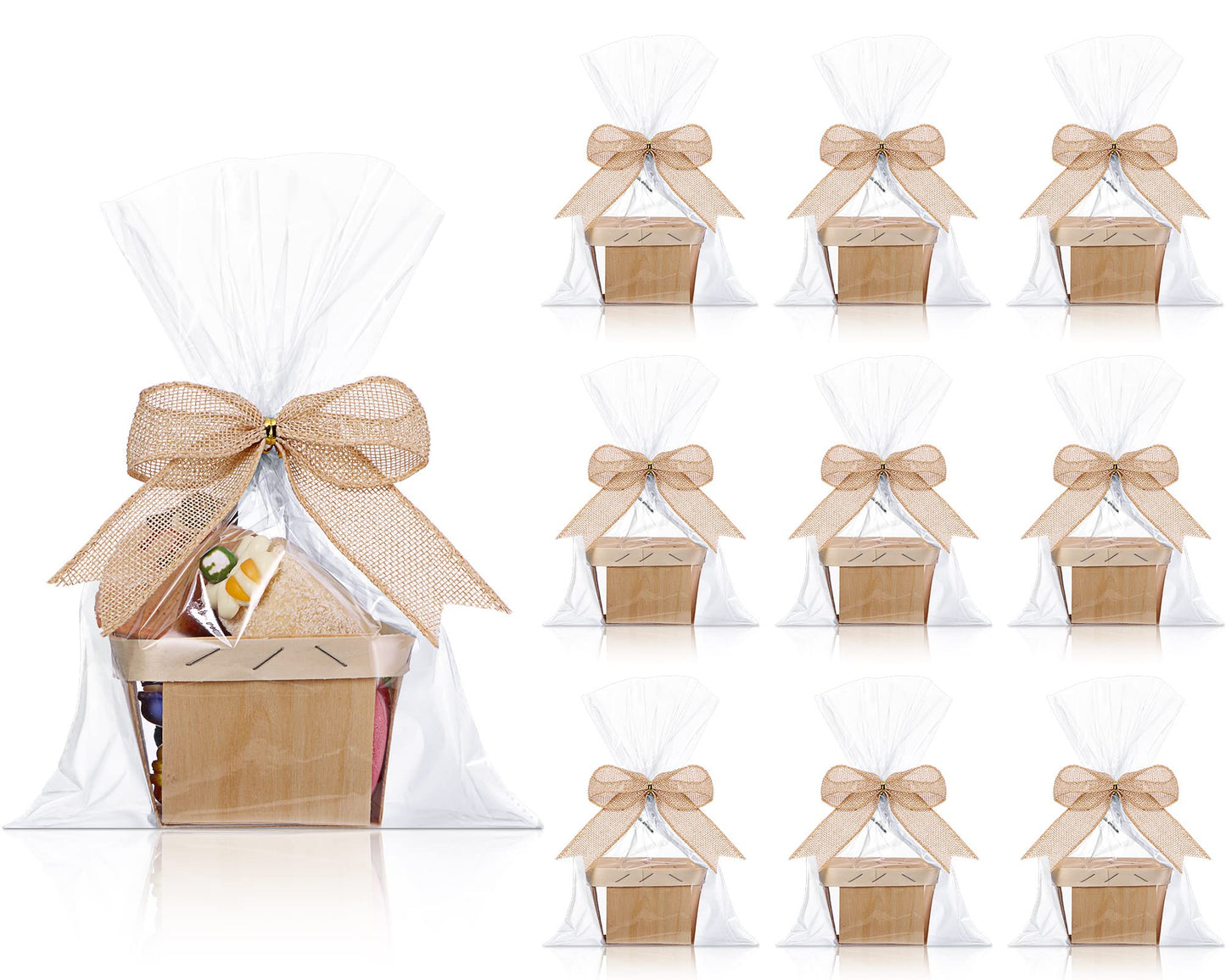 Yerliker 10 Set Wooden Mini Baskets for Gifts Empty 4 Inches Small Baskets Berry Basket Bows Clear Treat Bags Set for DIY Picking Wedding Birthday Easter(White,Satin)