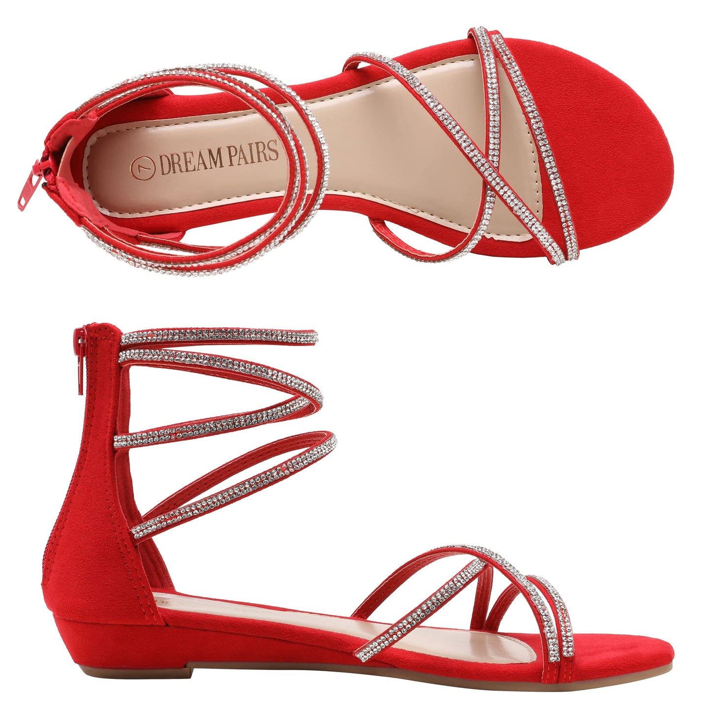 DREAM PAIRS Sandales plates à bride à la cheville pour femmes Sandales d'été habillées à lanières et strass pour gladiateur