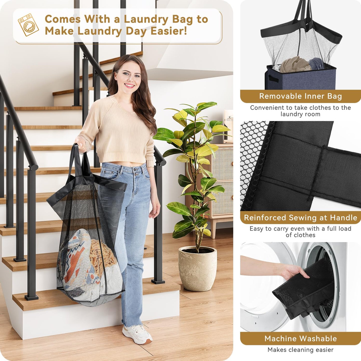 SOLEDI Laundry Hamper Black with Lid and Removable Bag - 100L Large and Tall Laundry Basket Collapsible with Handle for Clothing and Toys Storage - Dirty Clothes Hamper for Bedroom, bathroom, dorm