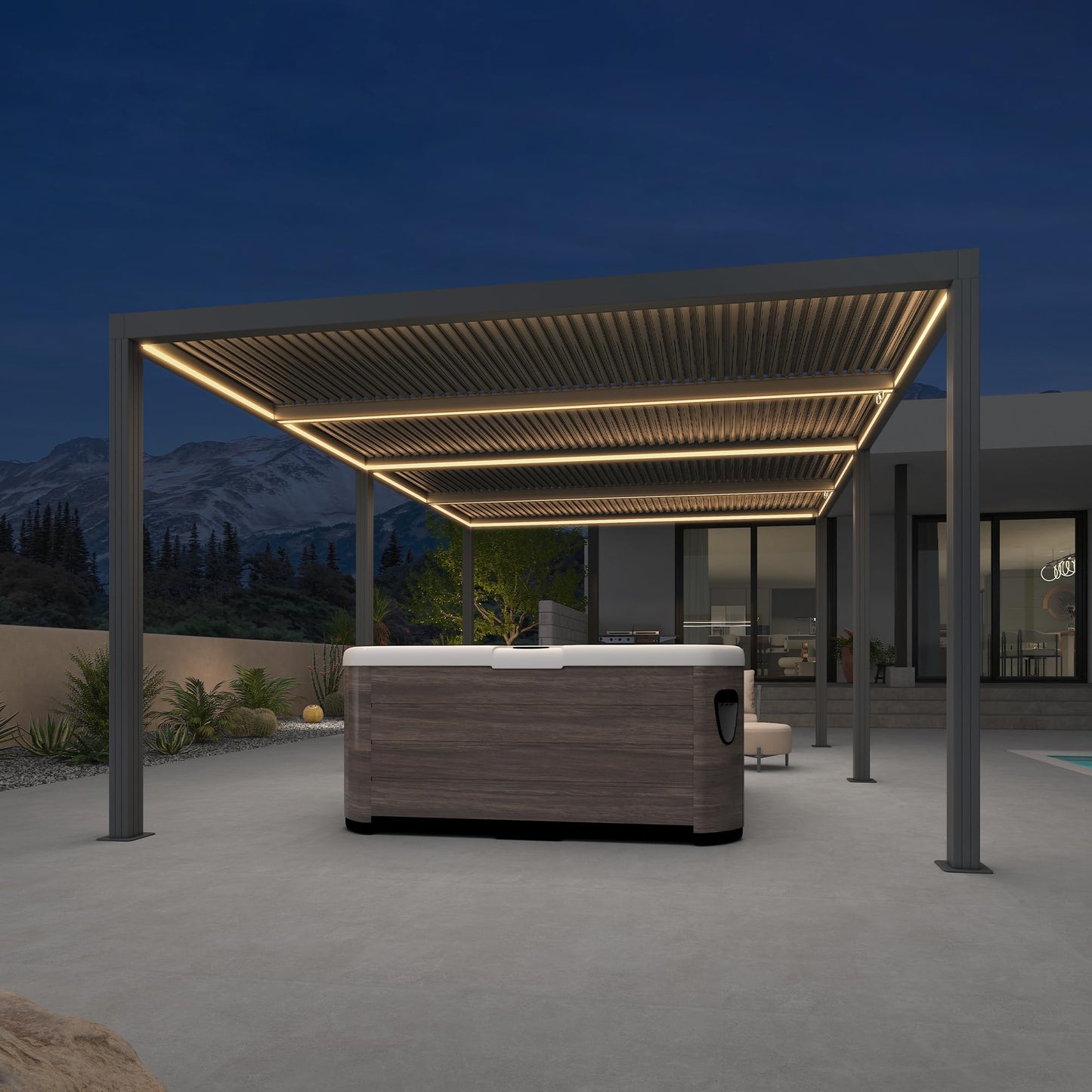 PURPLE LEAF Lamellenpergola 94AS, 3,3 x 4,3 m, Aluminium-Pergola für den Außenbereich mit Sonnenschutz, verstellbarem Dach für Terrasse, Hinterhof, grauer Pavillon mit festem Dach, 1 lange Seite und 2 kurze Seiten