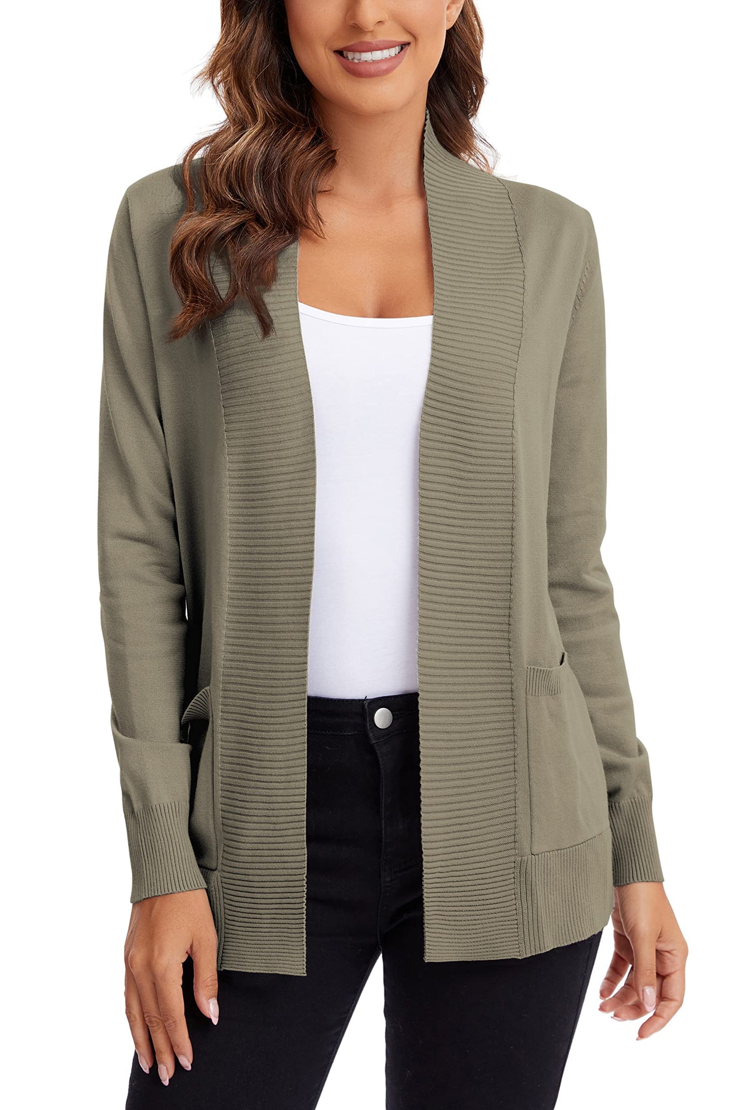 Urban CoCo Leichter Strickjacke für Damen mit offener Vorderseite, lange Ärmel, mit Tasche