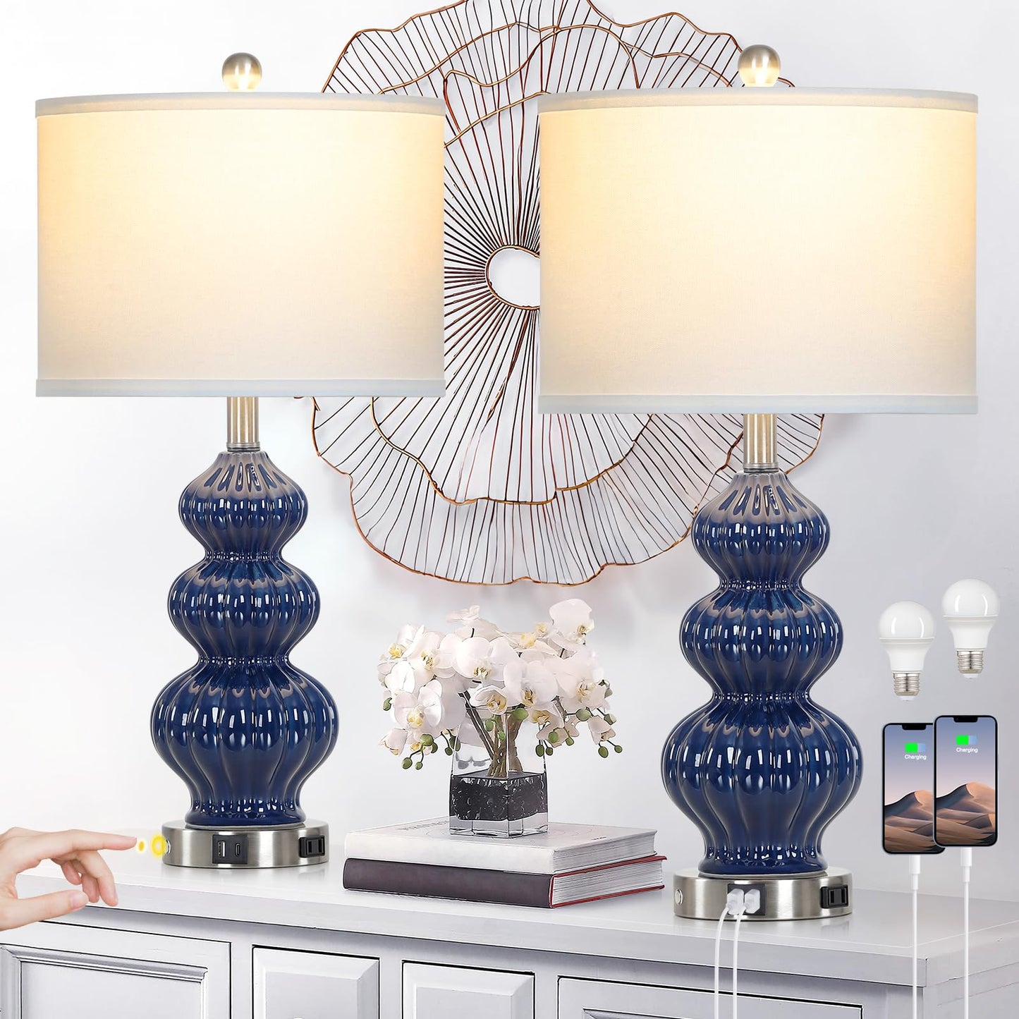 27-Zoll-Tischlampen aus Glas, 2er-Set mit Nachtlicht, moderne Nachttischlampen mit 3-Wege-Touch-Steuerung, USB-A+C-Anschlüssen und AC-Steckdose, gelbe Nachttischlampen im Boho-Stil für das Wohnzimmer im Schlafzimmer