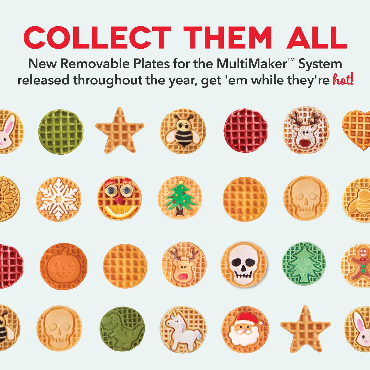 DASH Holiday Multimaker Mini System - Waffle Maker with Six 4” Removable Holiday Plates: Waffle Iron & Griddle, 4-in-1 Mini Waffle Maker for Kids and Families – Nonstick Surface, Santa Waffle (Red)