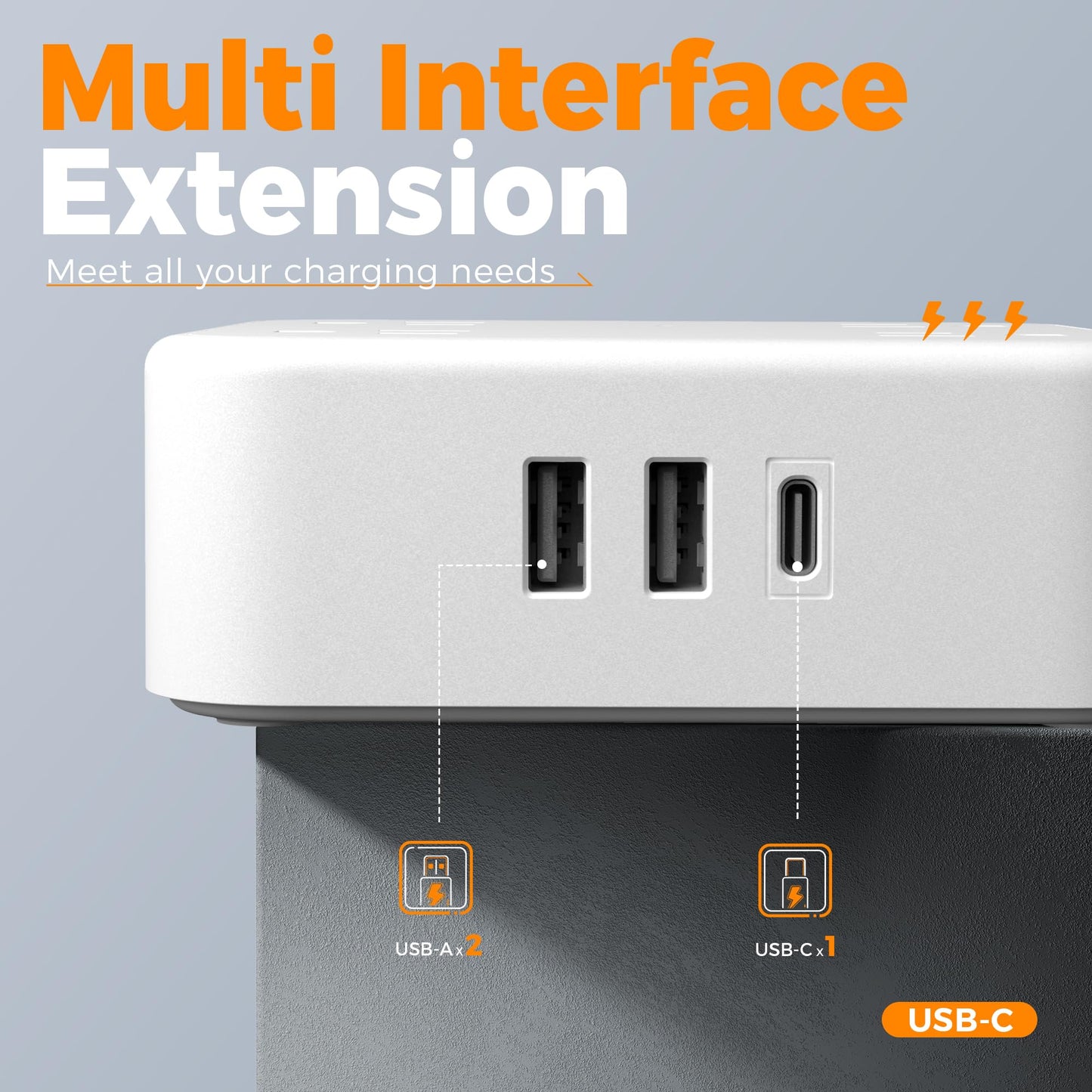 Surge Protector Flat Extension Cord Flat Plug Power Strip, 8 AC Outlets, 3 USB Charger(1 USB C Port) 3-Sided Outlet Extender, 5 Ft, 900 Joules Protection