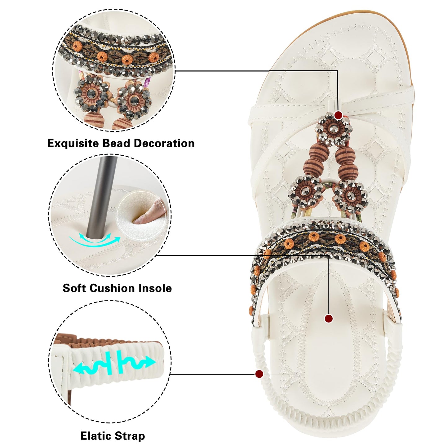 Elegante Damensandalen für den Sommer: Flache Schuhe, bequeme Bohemian-Sandalen mit elastischem Knöchelriemen, Strandsandalen für Damen