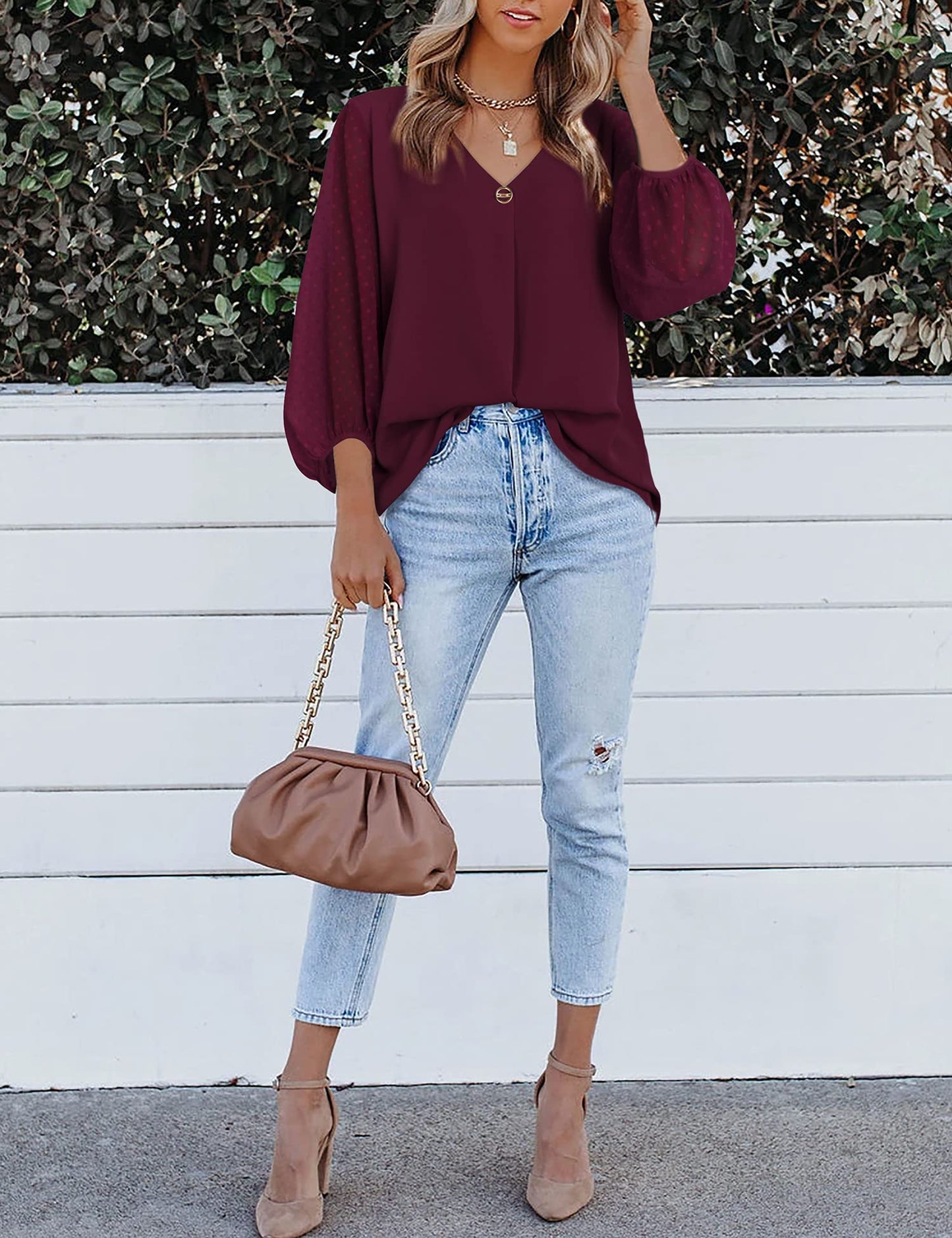 Bebonnie Damen Chiffonbluse mit Laternenmuster, 3/4-Ärmel, lässig, locker, V-Ausschnitt