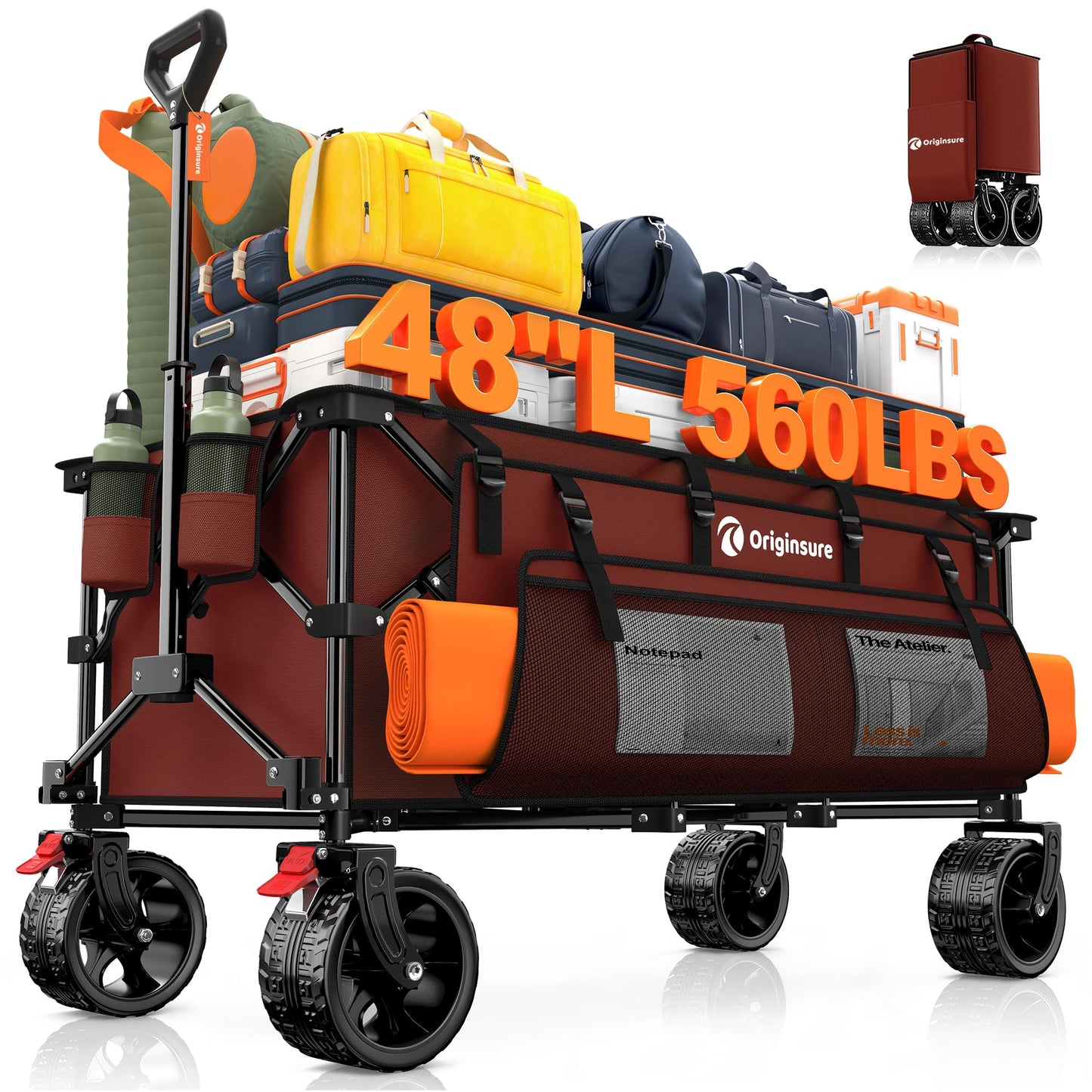 48" L Collapsible Wagon Cart Foldable, 560LB Weight Capacity 300L Heavy Duty Folding Beach Wagons with Big All-Terrain Wheels, Utility Carts for Groceries, Shopping, Camping, Sports - Black