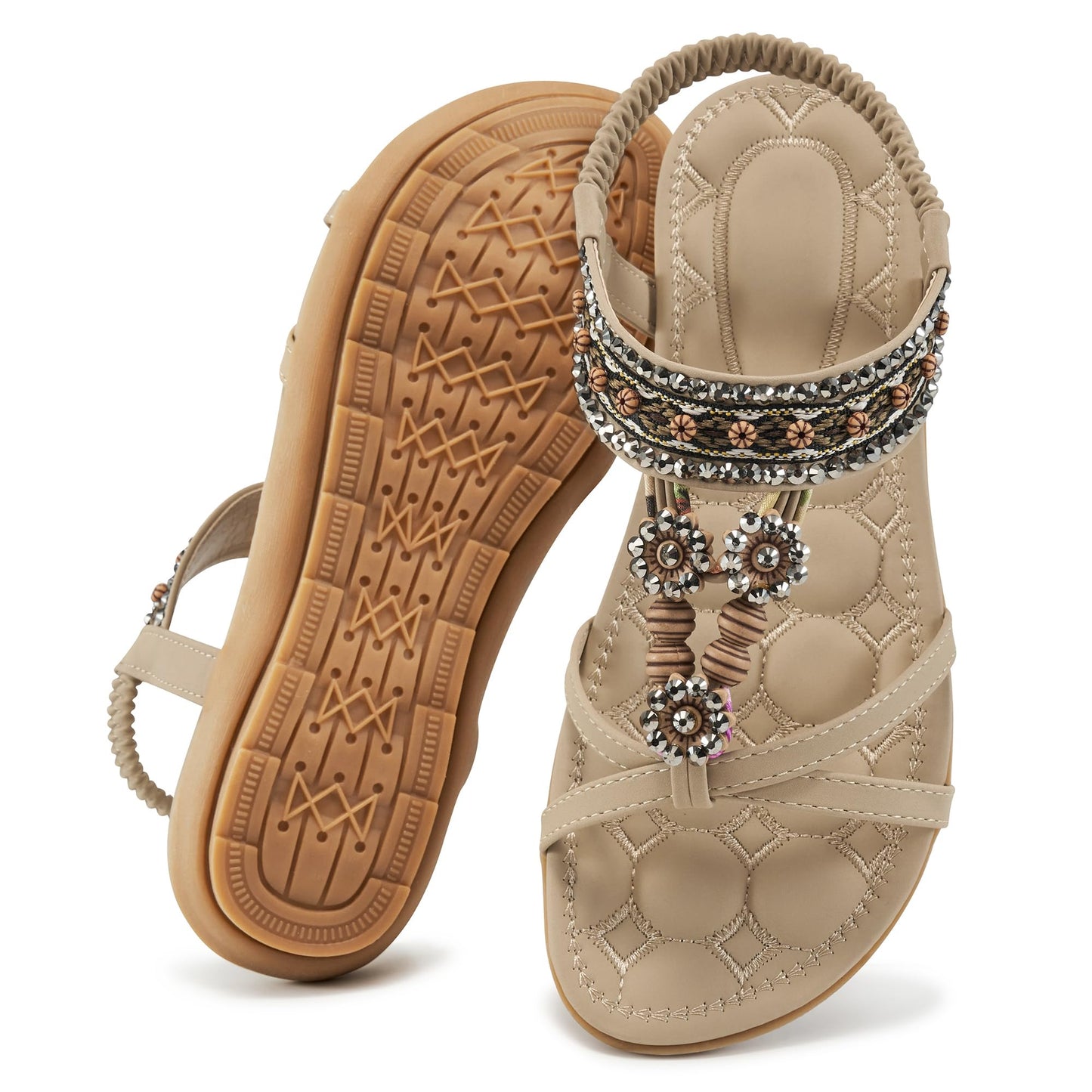 Elegante Damensandalen für den Sommer: Flache Schuhe, bequeme Bohemian-Sandalen mit elastischem Knöchelriemen, Strandsandalen für Damen