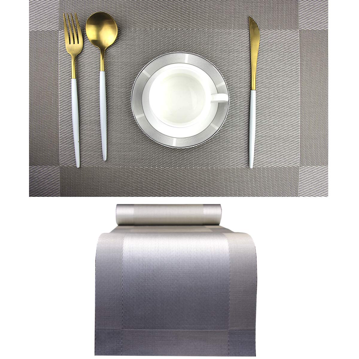 PIGCHCY Keilförmige Tischsets für den Esstisch, kreuzgewebt, waschbares Vinyl-Tischset, hitzebeständig, runde Tischsets, 4er-Set (Silbergrau)