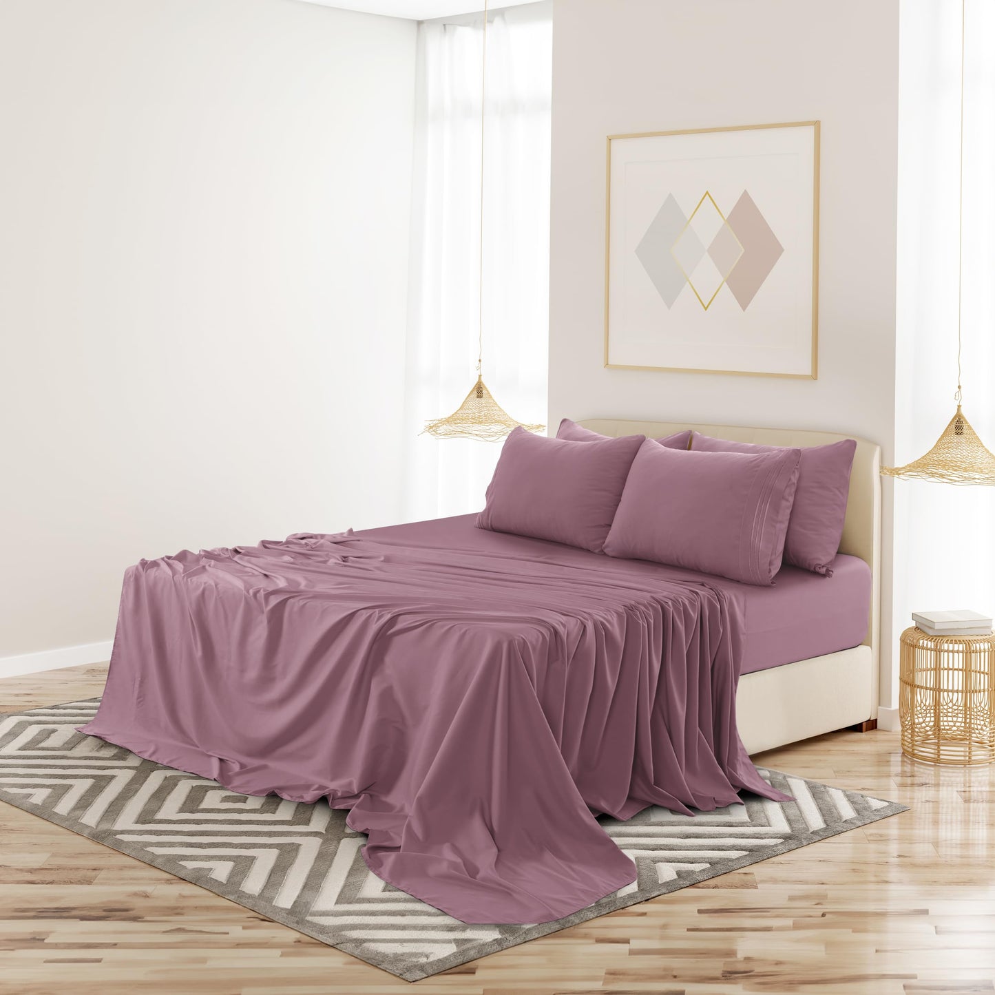 LUX Decor Paisley King-Bettlaken-Set, 6-teilig, weiche, knitterfreie Mikrofaser-Bettlaken – luxuriös bedruckte Bettlaken, inklusive Bettlaken, Spannbettlaken mit tiefen Taschen und 4 Kissenbezügen – Taupe