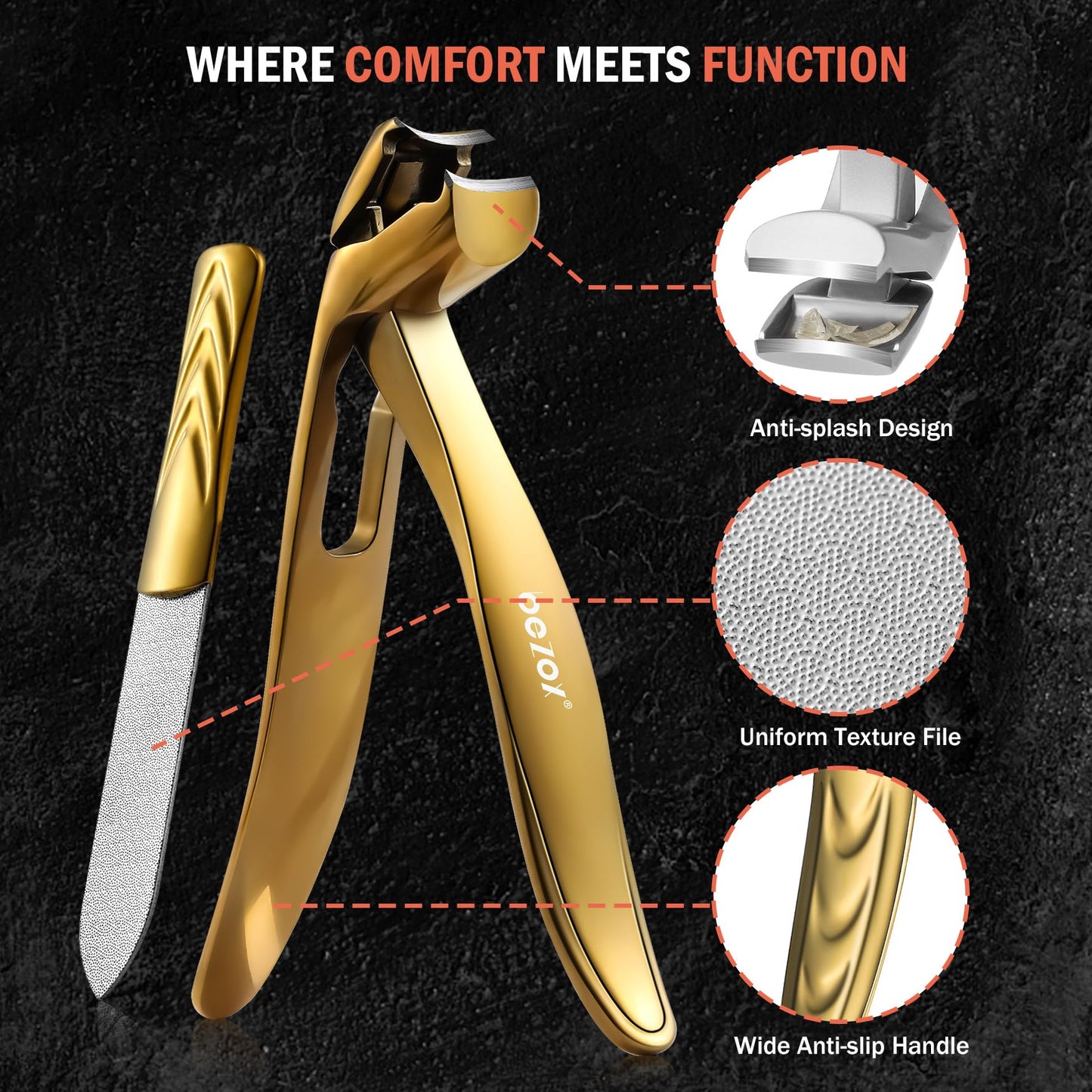 BEZOX Angled Head Toe Nail Clippers for Seniors for Thick Nails - Ergonomic Toenails Clipper for Thick Toenails, Premium Finger Nails Clipper for Adult with Catcher - Black