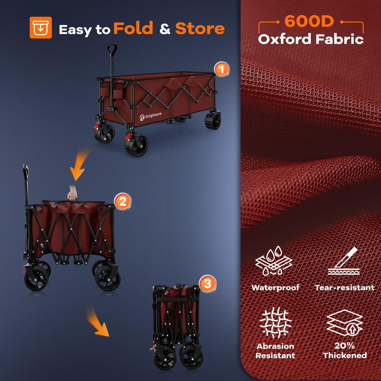 48" L Collapsible Wagon Cart Foldable, 560LB Weight Capacity 300L Heavy Duty Folding Beach Wagons with Big All-Terrain Wheels, Utility Carts for Groceries, Shopping, Camping, Sports - Black