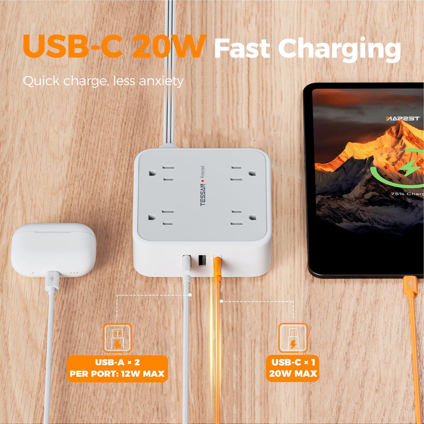 Surge Protector Flat Extension Cord Flat Plug Power Strip, 8 AC Outlets, 3 USB Charger(1 USB C Port) 3-Sided Outlet Extender, 5 Ft, 900 Joules Protection