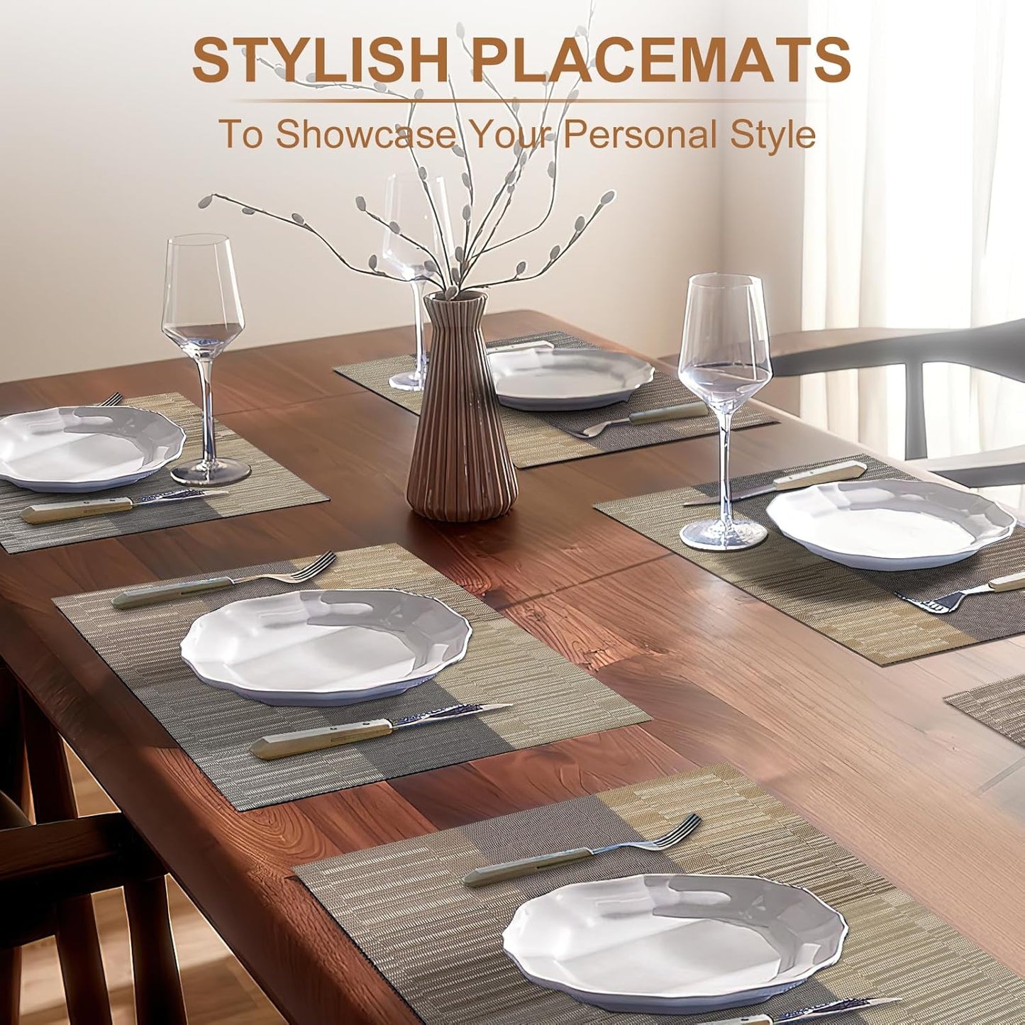 Tischsets 6er-Set, gewebtes Vinyl-Tischset für Esstisch, waschbar, abwischbar, Küchentischsets, strapazierfähige Tischsets für drinnen und draußen, 01 Beige, 6 Stück