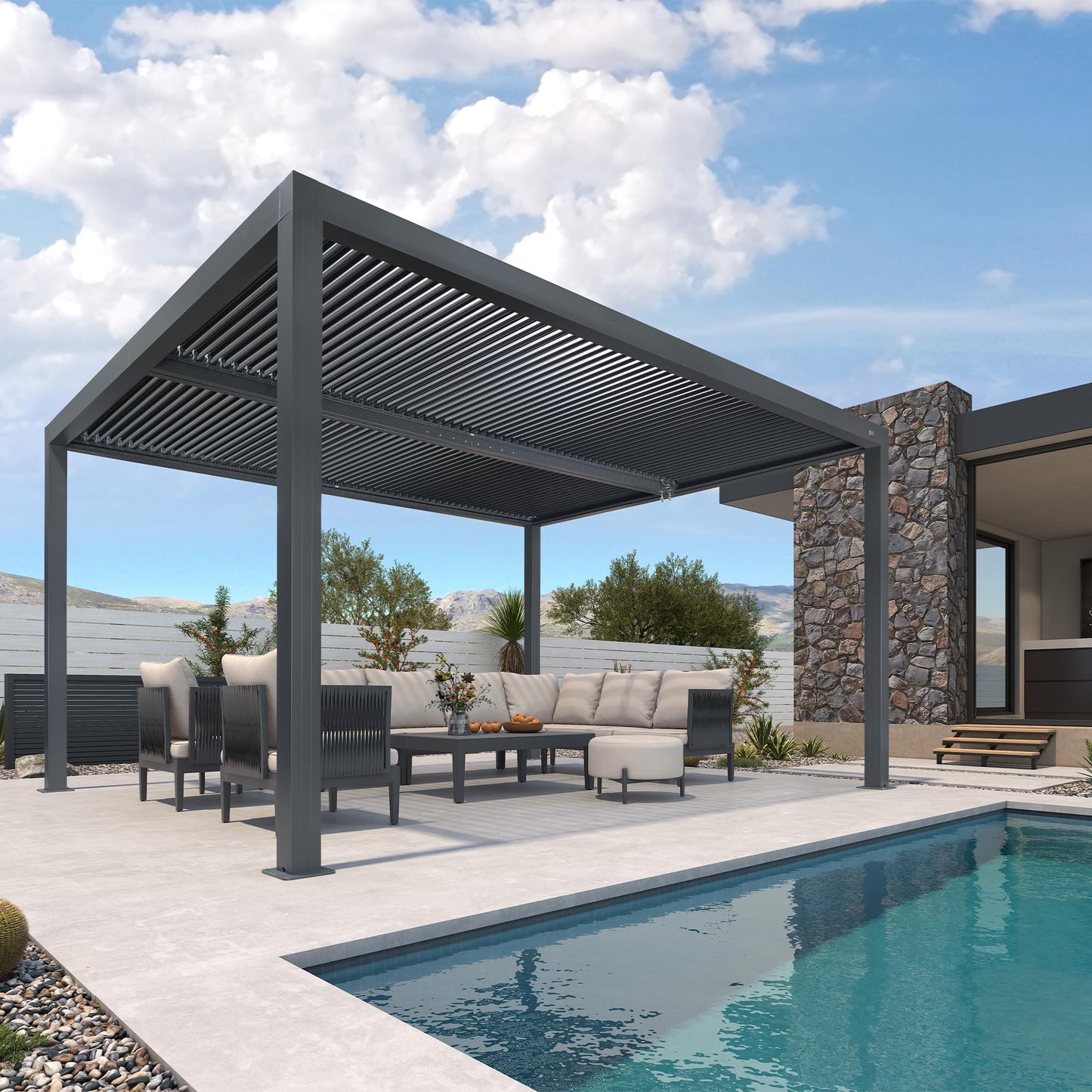 PURPLE LEAF Lamellenpergola 94AS, 3,3 x 4,3 m, Aluminium-Pergola für den Außenbereich mit Sonnenschutz, verstellbarem Dach für Terrasse, Hinterhof, grauer Pavillon mit festem Dach, 1 lange Seite und 2 kurze Seiten