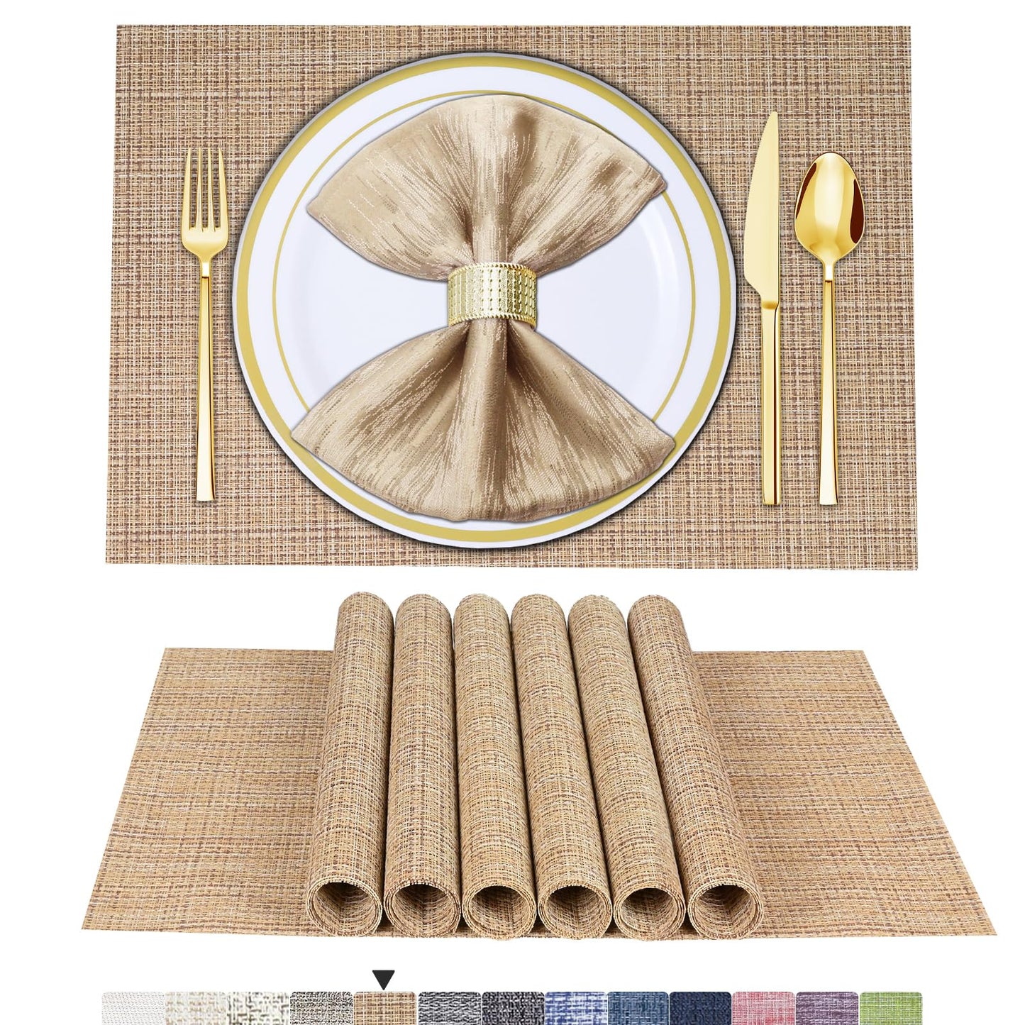 Tischsets 6er-Set, gewebtes Vinyl-Tischset für Esstisch, waschbar, abwischbar, Küchentischsets, strapazierfähige Tischsets für drinnen und draußen, 01 Beige, 6 Stück