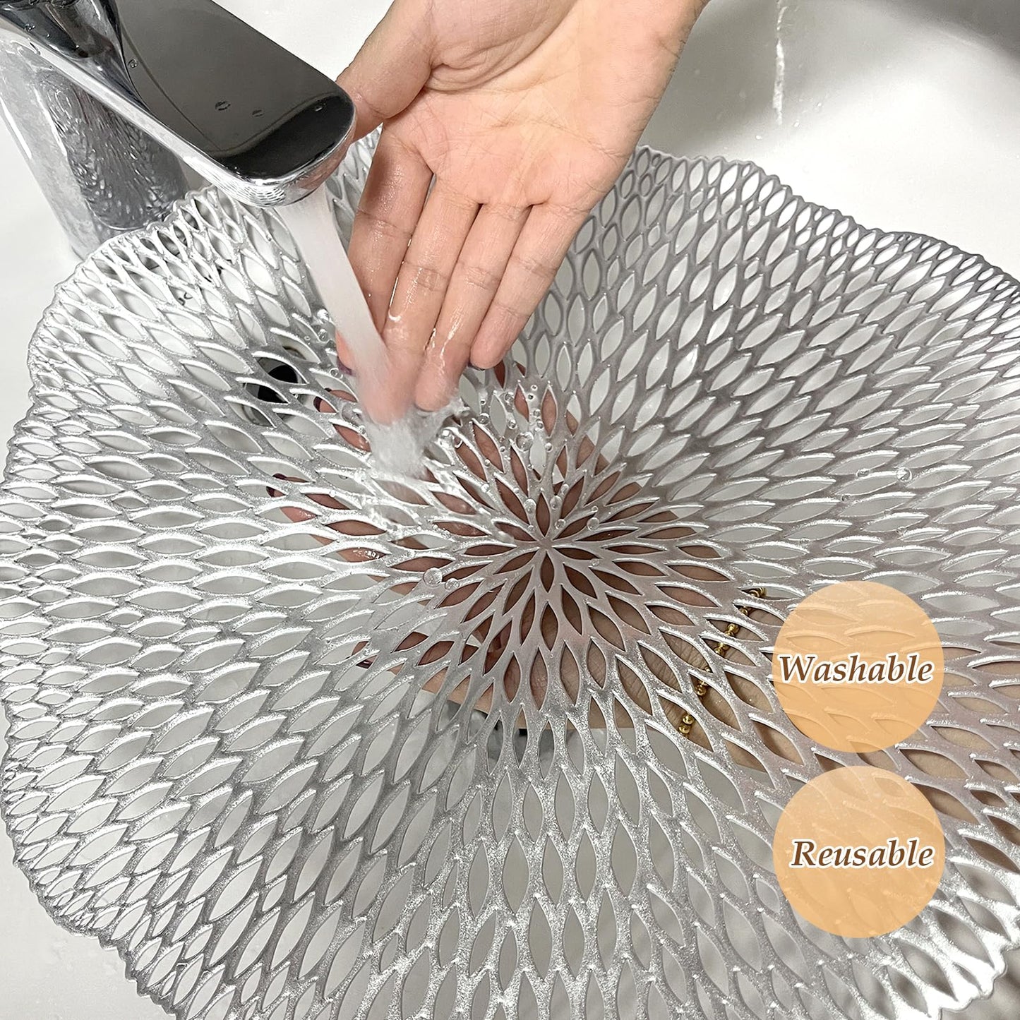 Tischsets, 6er-Set, runde Tischsets mit ausgehöhlten Blumen für den Esstisch, gepresstes Vinyl, Tischsets mit blühenden Blättern für Feiertage, Partys, Hochzeiten, Akzente, Tafelaufsätze, Tischdekoration (Gold)